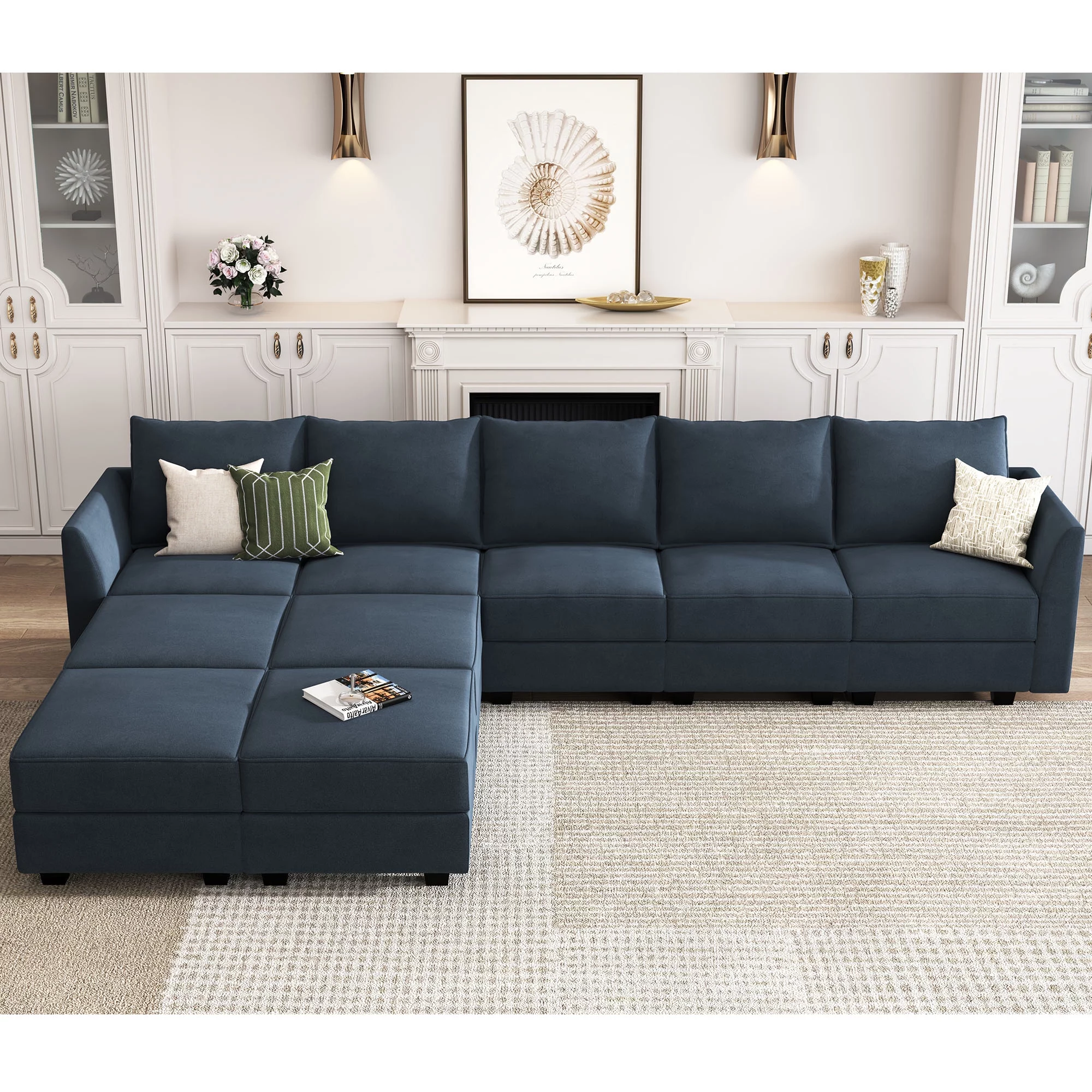 HONBAY Elegant Velvet Sectional Sofa Modular Couch, Sleeper Sofa Bed with Storage Ottomans, Navy Blue