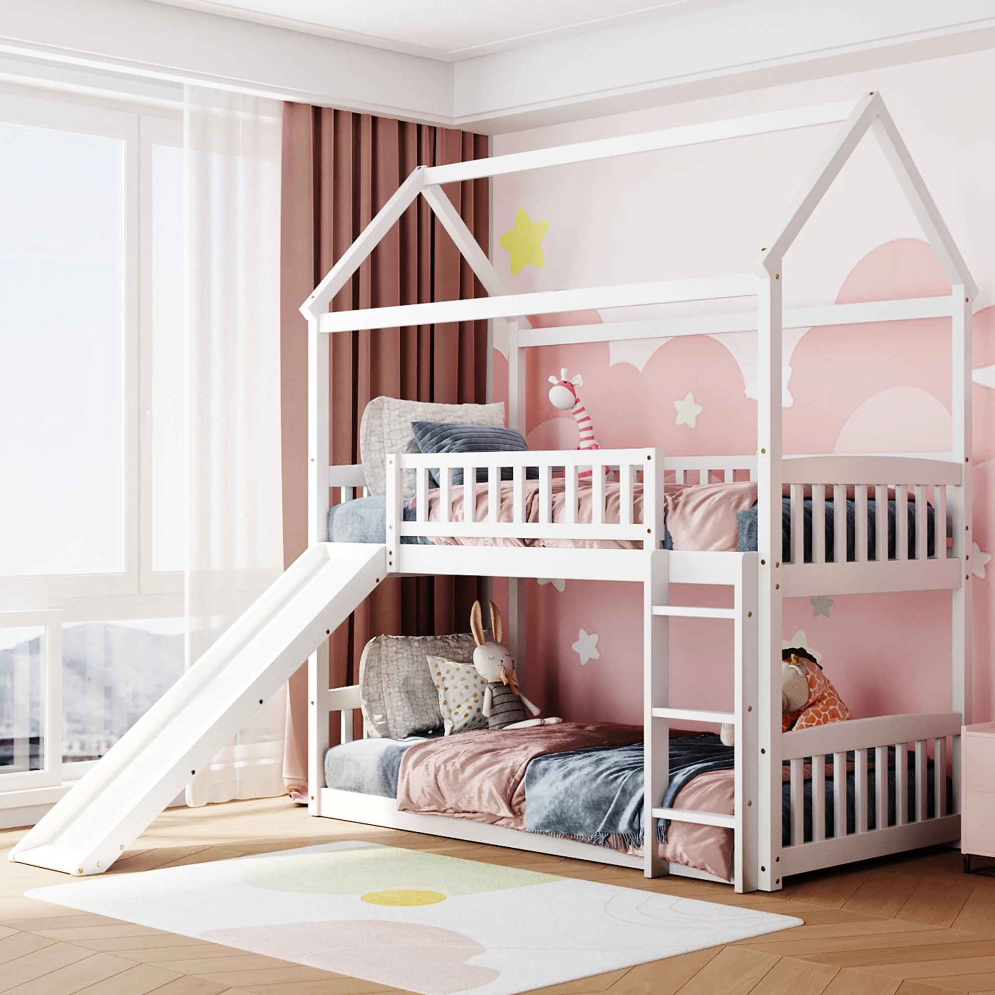 Momspeace Twin over Twin Bunk Bed with Slide and Ladder, Wooden Bed Frame for Kids, Teens, White