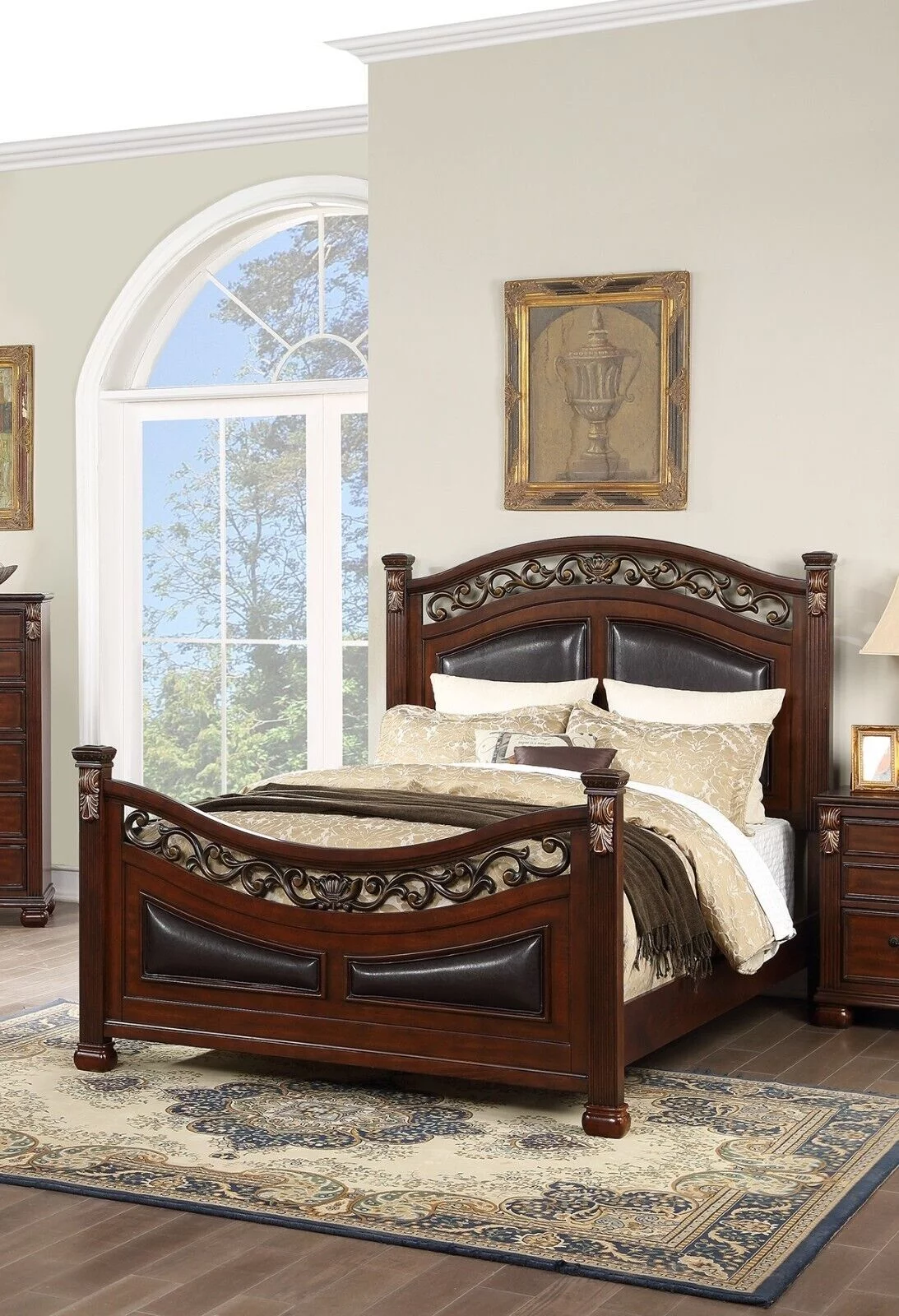 Traditional 1pc Bed Classic Brown Finish Cal king Size Bed Posts Antique Carved Design Bedroom Furniture Wood