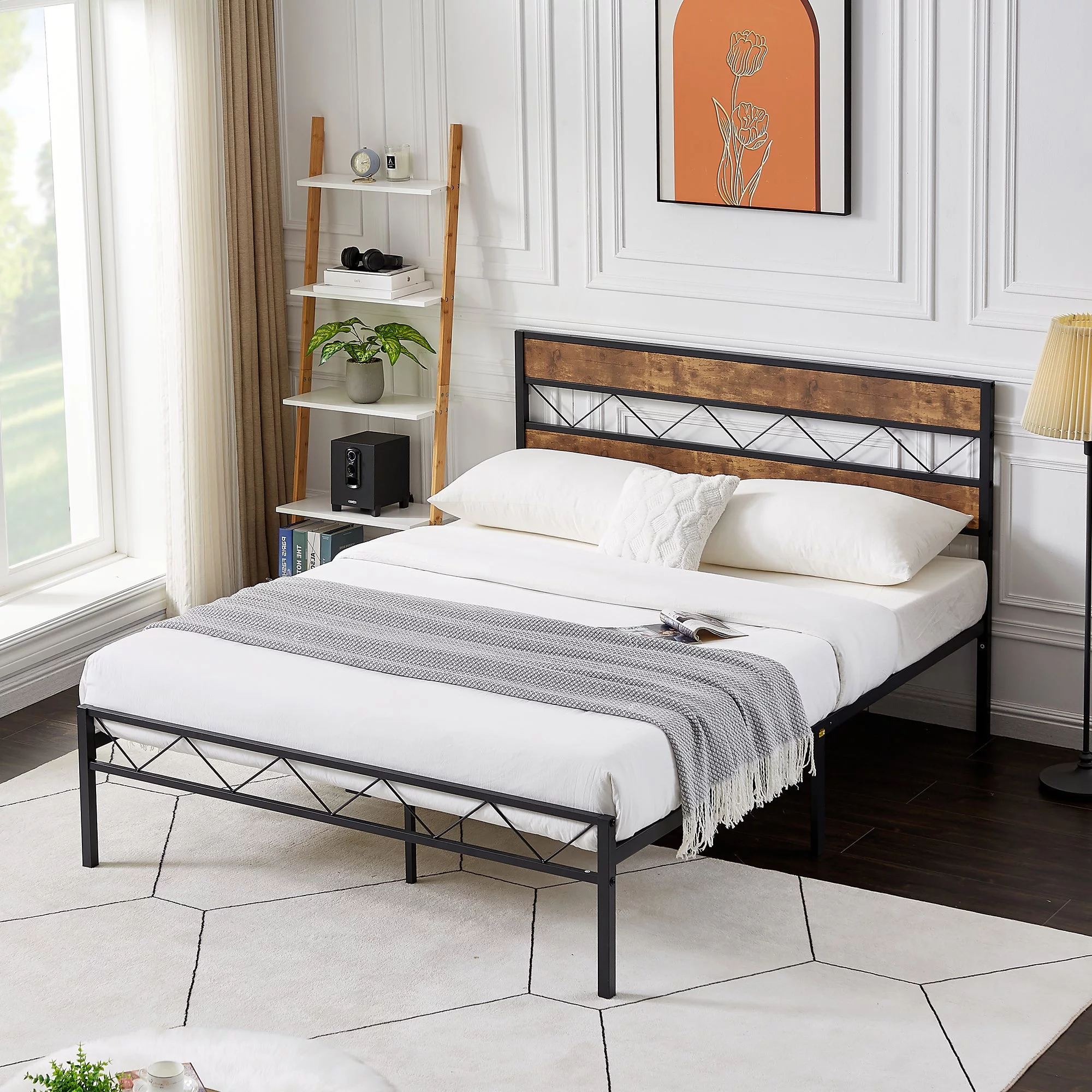 VECELO 3-Piece Bedroom Sets, Full Size Metal Bed Frame and 2 Gray Nightstands