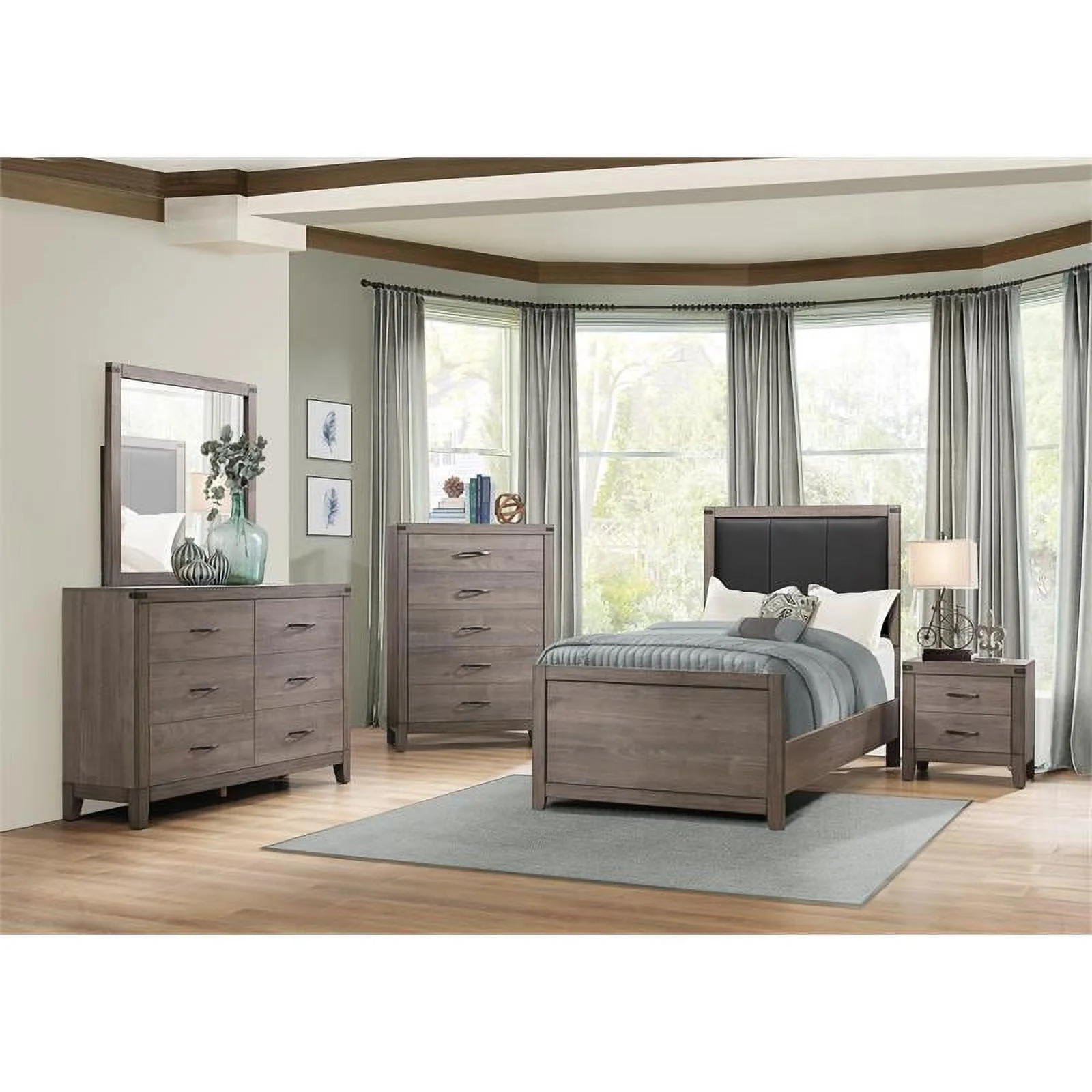 Lexicon Woodrow Contemporary Upholstery Headboard Wood Twin Bed in Gray/Black