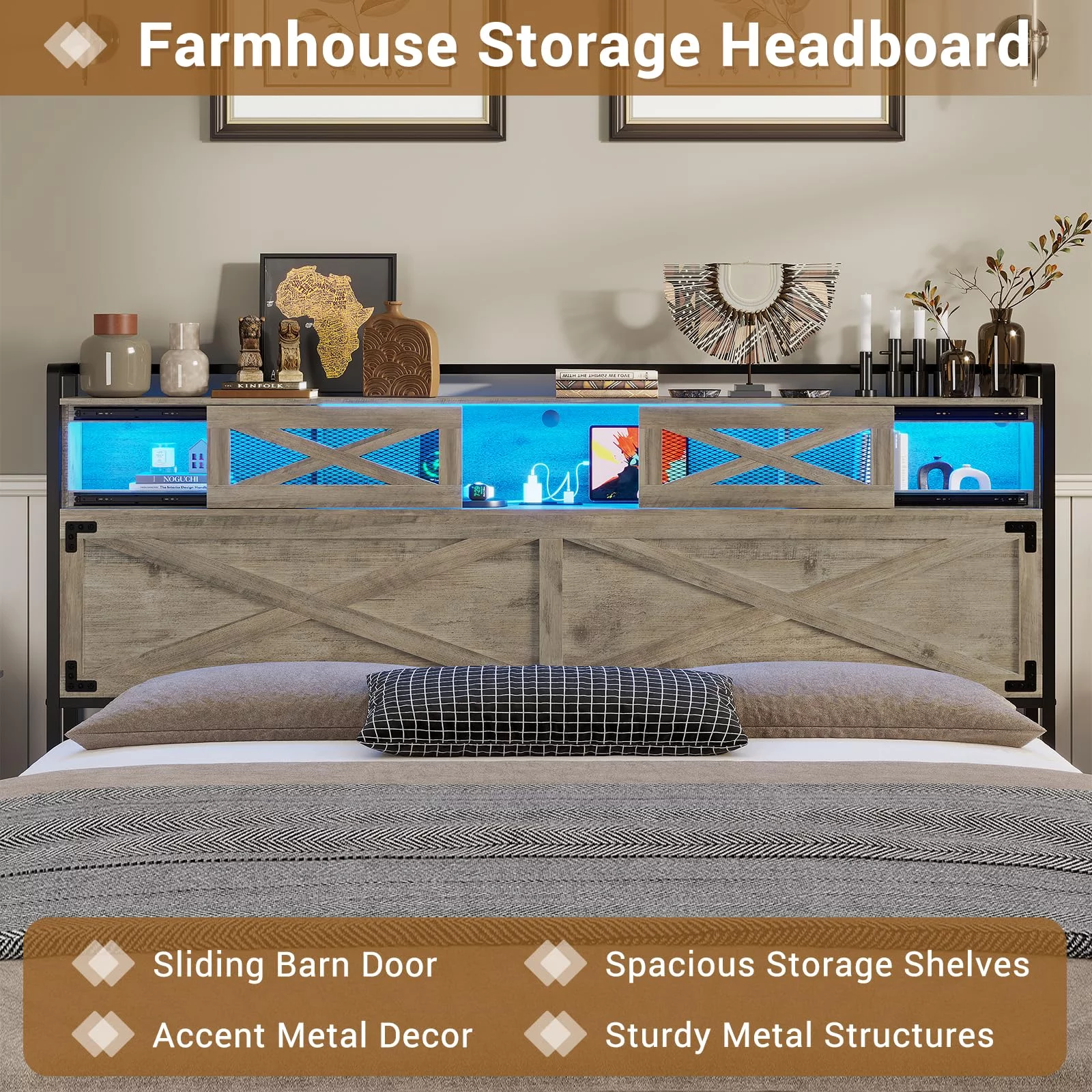 Farmhouse Queen Size Bed Frame with LED Lights and Charging Station, Rustic Platform Bed with Storage Headboard with Sliding Barn Door,Rustic Oak