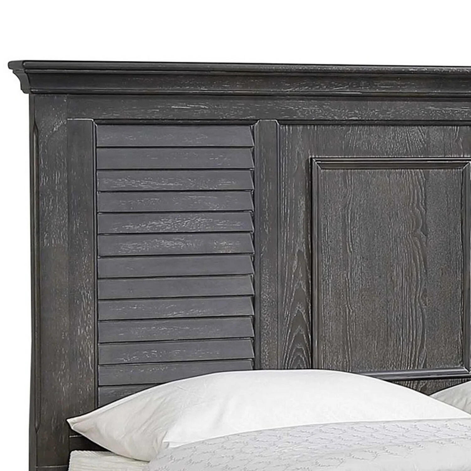Benjara BM302886 Molded Trim Shutter Headboard Eli King Size Panel Bed, Weathered Gray Brown