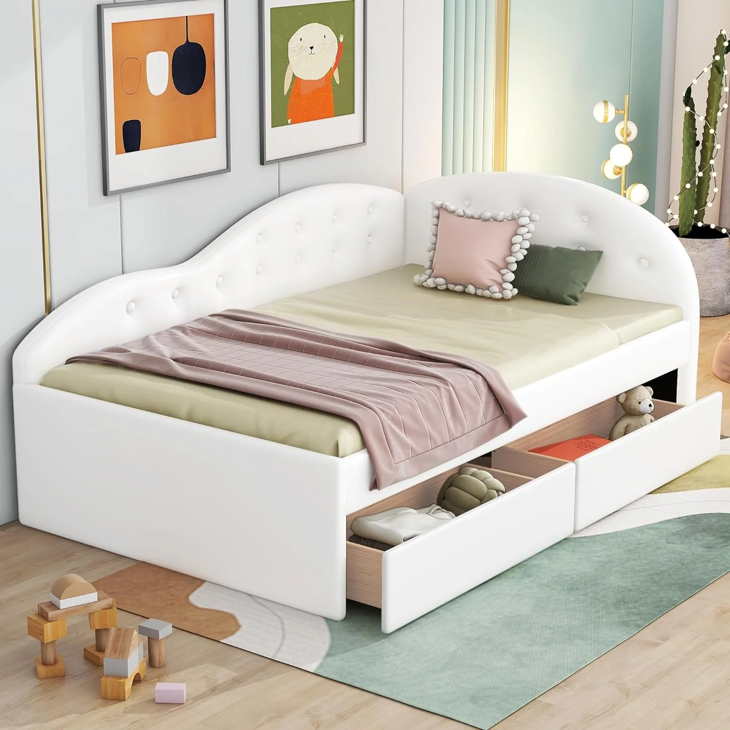 Size Daybed Wih Sorage Drawers, Faux Leaher Upholsered Day Bed Frame, Boom ufed Sofa Bed Wih Cloud Shaped Rails For Bedroom Livig Room Gues Room, Whie