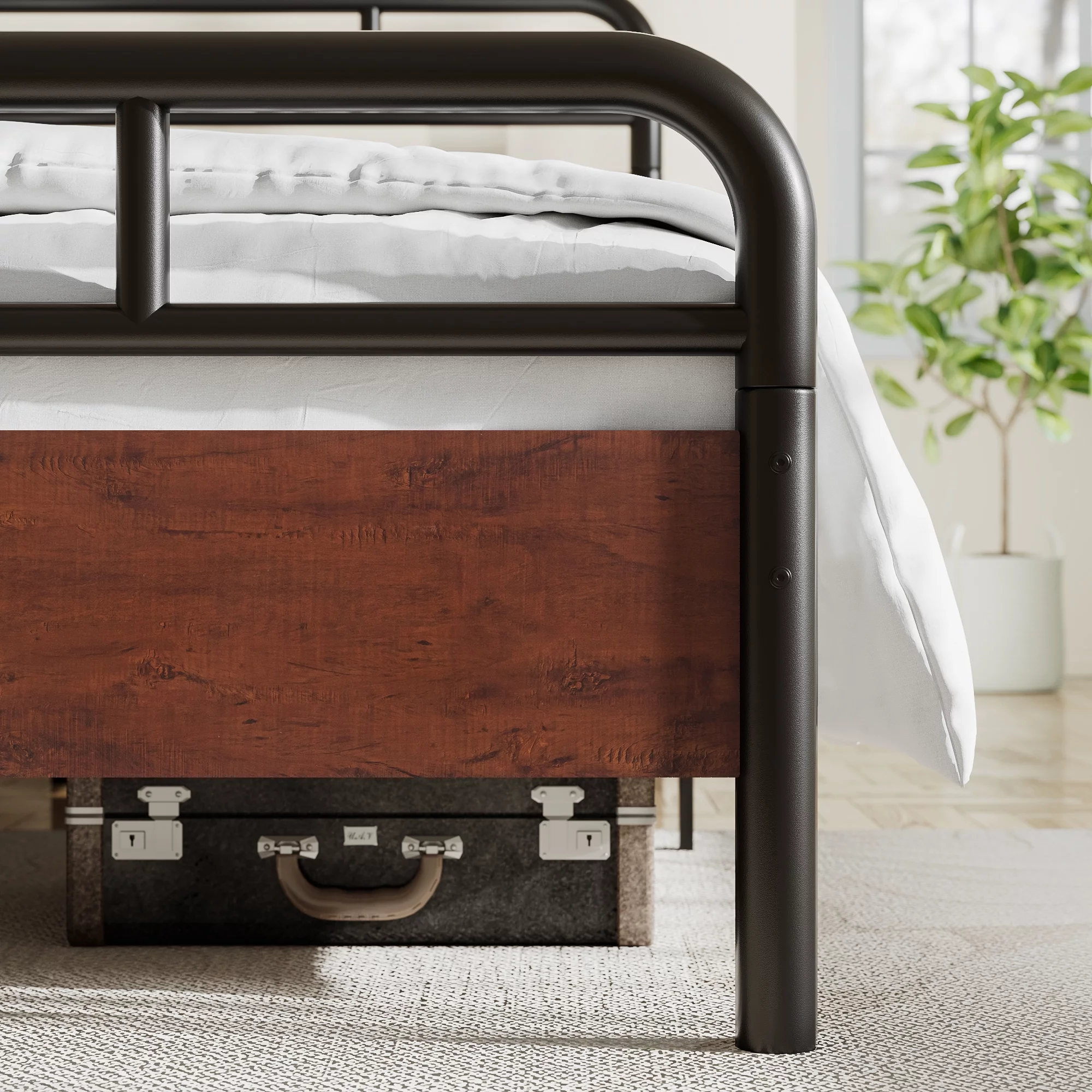 Sha Cerlin Dark Brown King Size Metal Platform Bed Frame with Industrial Heavy Duty Wooden Headboard