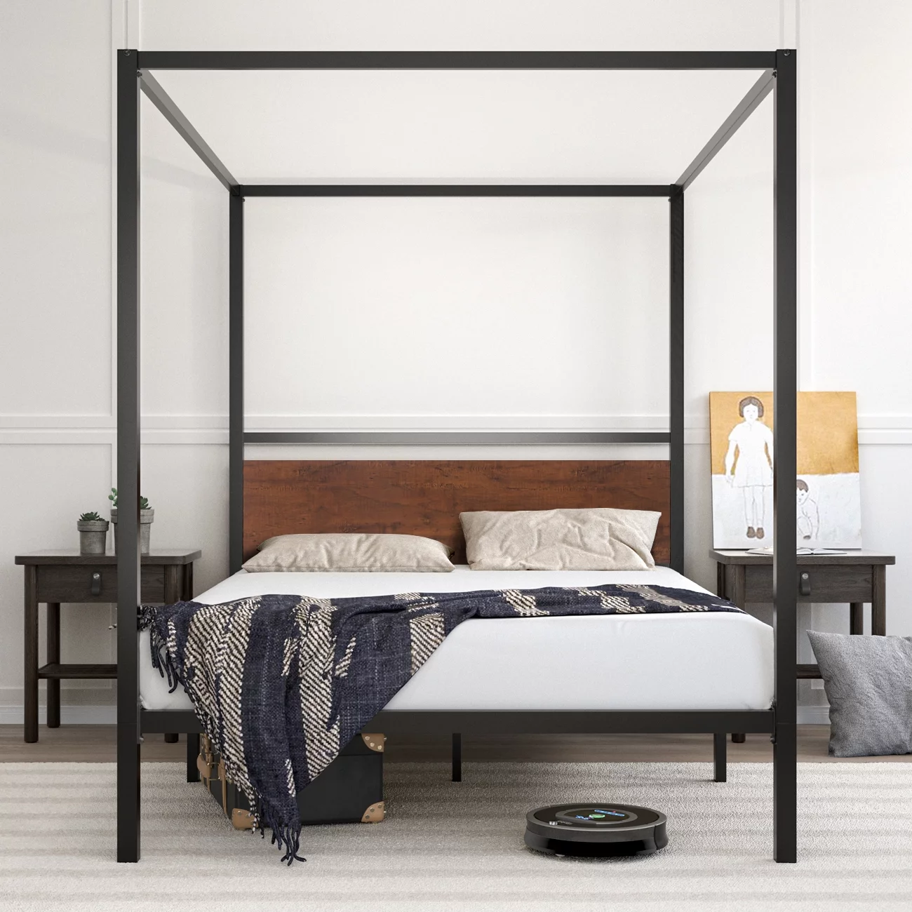 Allewie Full Size Canopy Platform Bed Frame with Wooden Headboard, Sanders