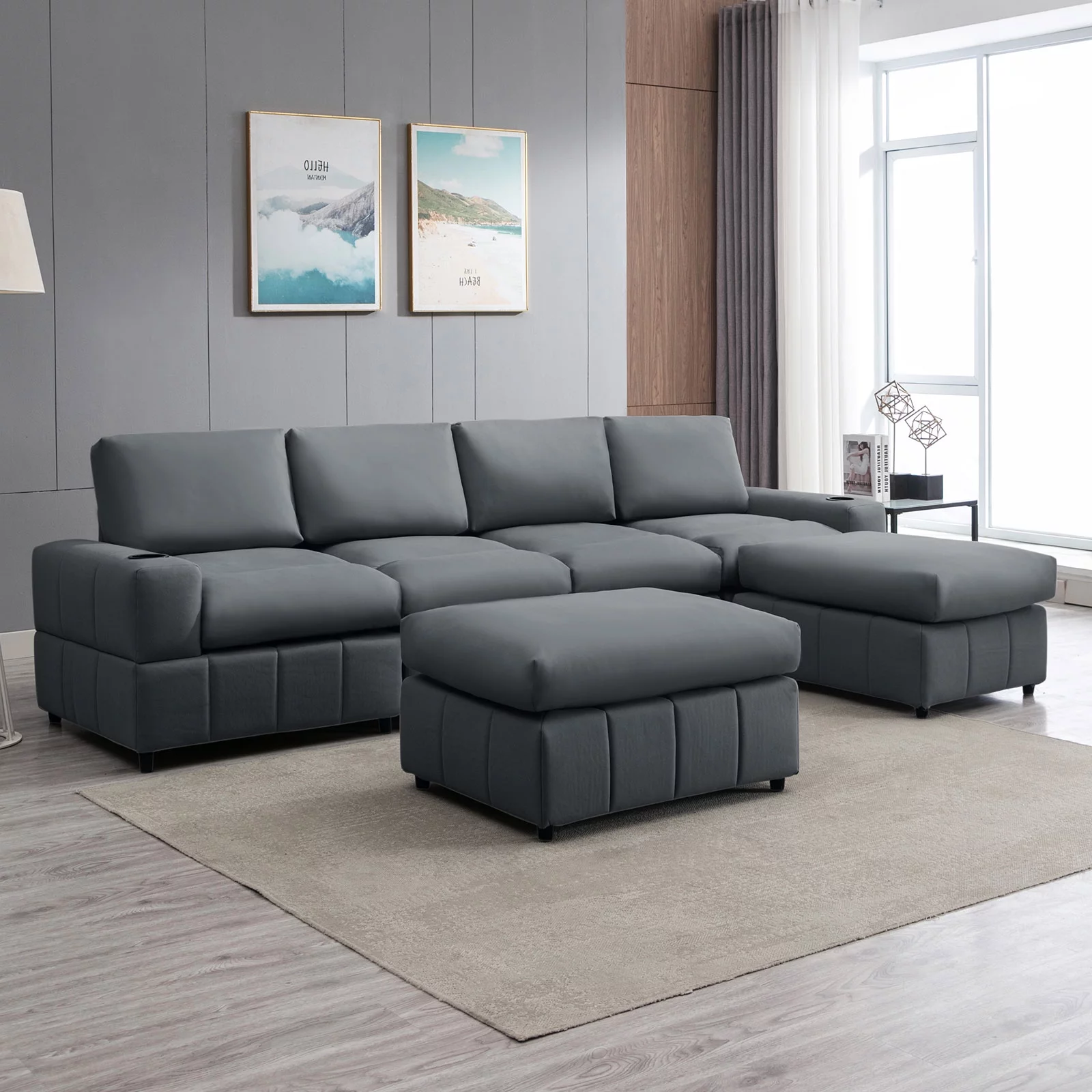 BALUS Modular Sectional Sofa, U Shaped Sofa with Ottomans, Large Living Room Furnitures, Dark Grey