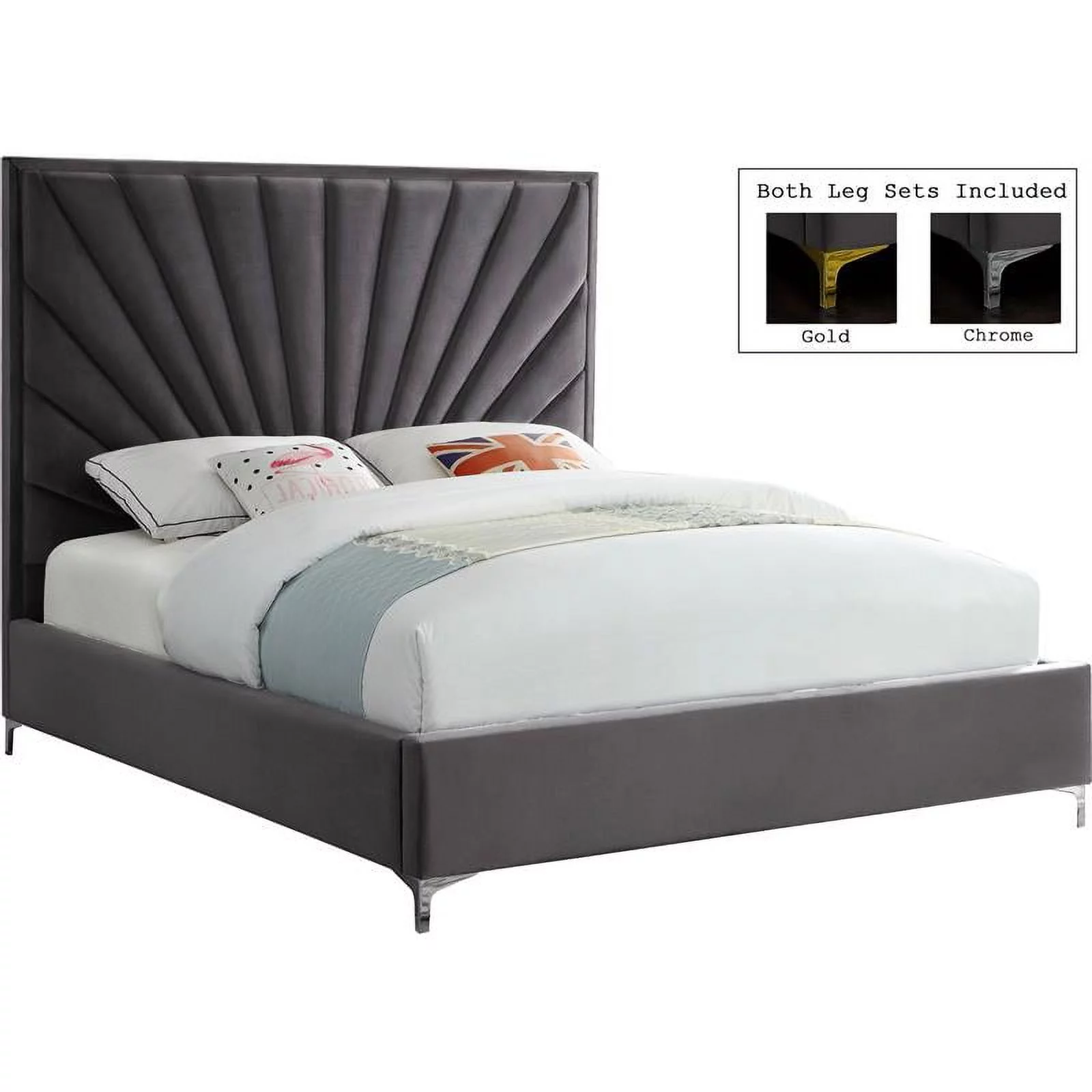 Meridian Furniture Eclipse Solid Wood and Velvet Full Bed in Gray
