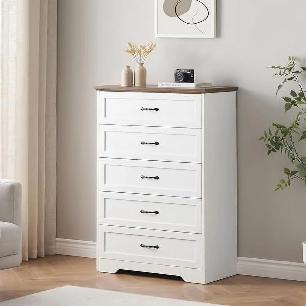 RUNFAYBIU Modern 5 Drawers Dresser Chest of Drawers Closet Organizers and Clothes Modern Dressers for Closet Living Room Bedroom (5 Drawers Dresser Brown&White)