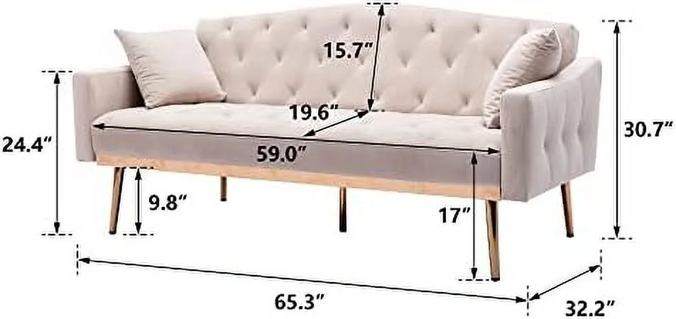 RUNFAYBIU 65\u201D White Convertible Velvet Sofa Bed  Modern Loveseat Sleeper Couch with 3 Adjustable Angles  Mid Century Accent Sofa with 2 Pillows for Living Room Bedroom Apartment