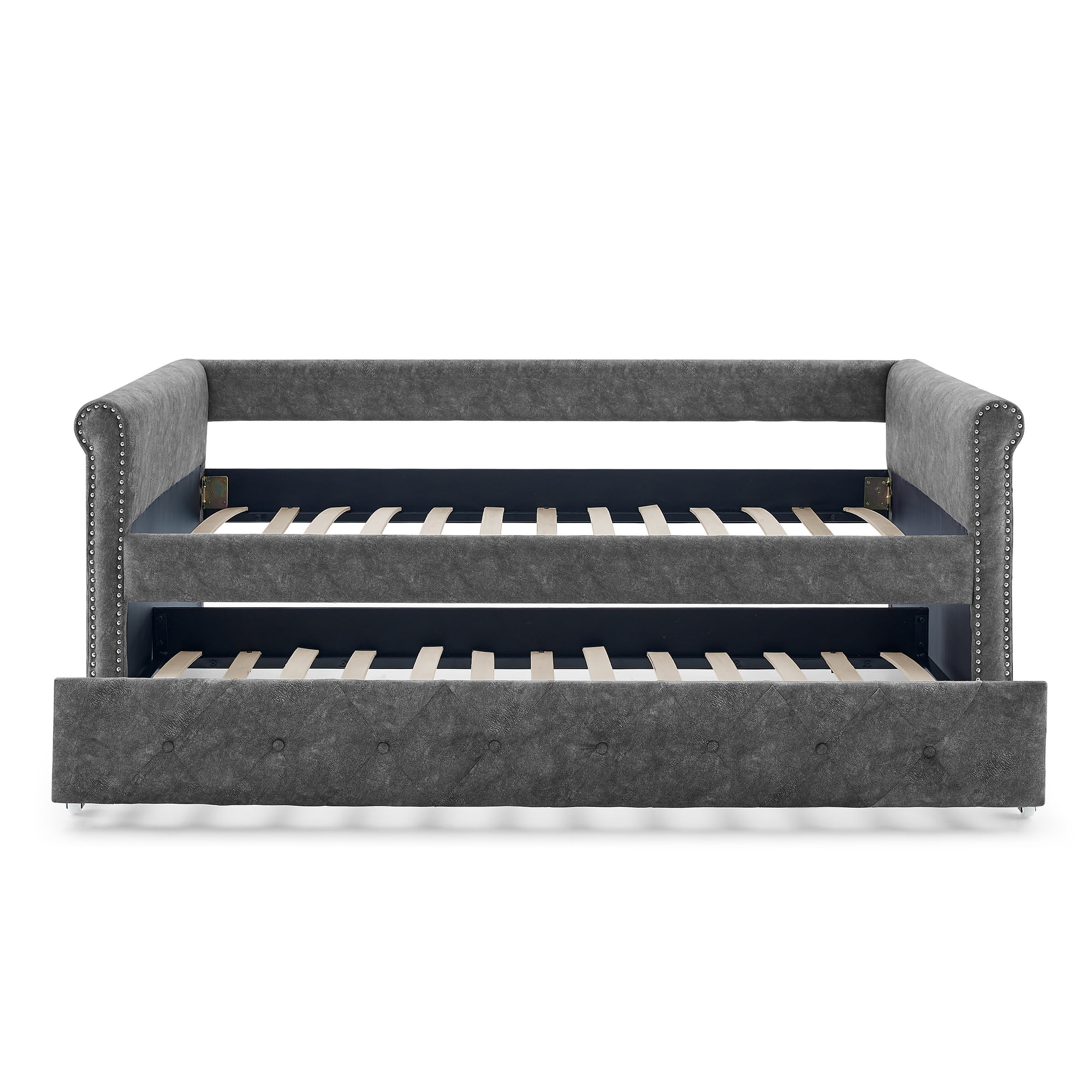 Daybed with Trundle Upholstered Tufted Sofa Bed,with Button and Copper Nail on Arms,both Twin Size,Grey(85.5