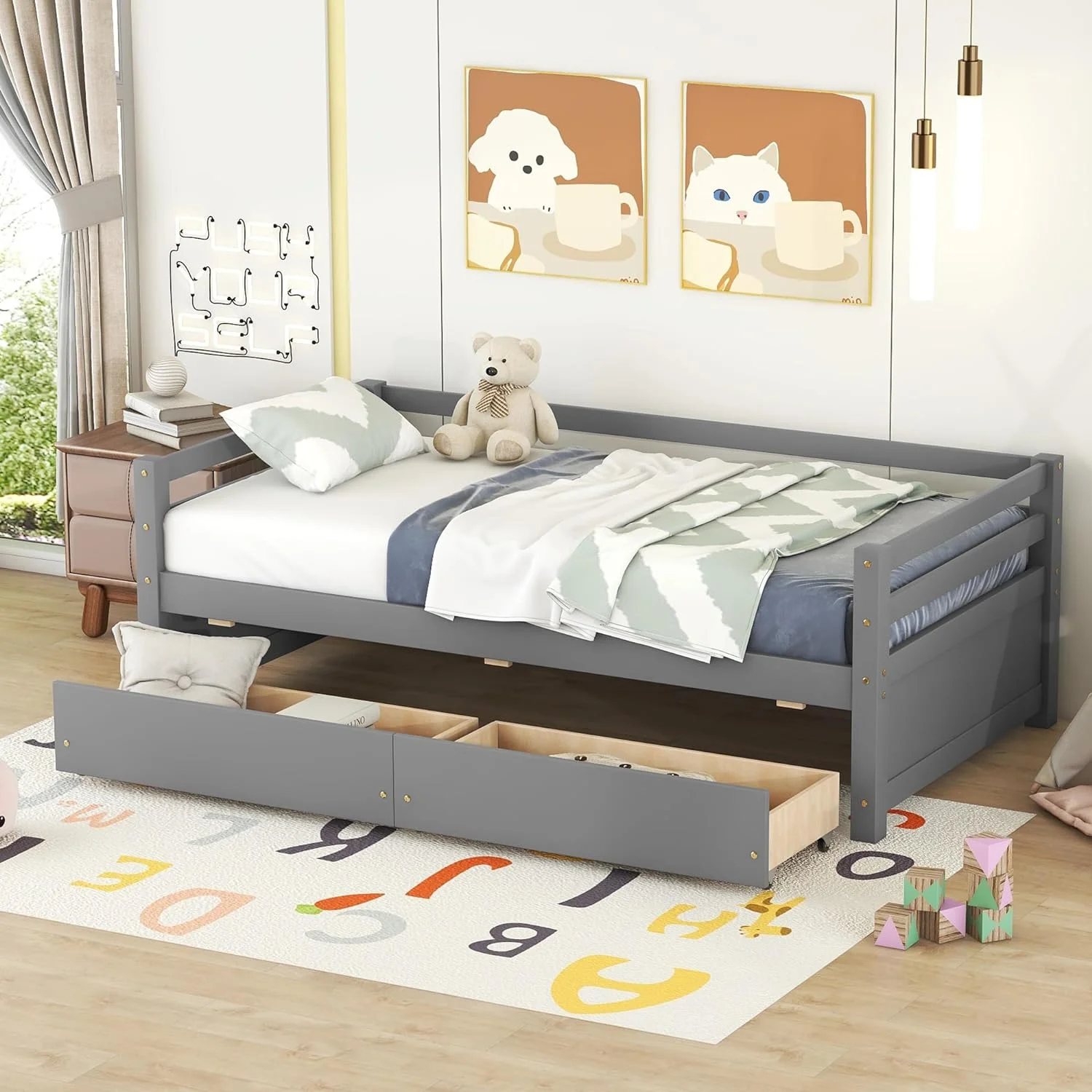 Daybed With 2 Storage Drawers, Wooden Size Daybed Frame, Dual-Use Daybed Sofa Kids Bed For Living Room,Guest Room,Children Room, No Box Spring Needed, Gray