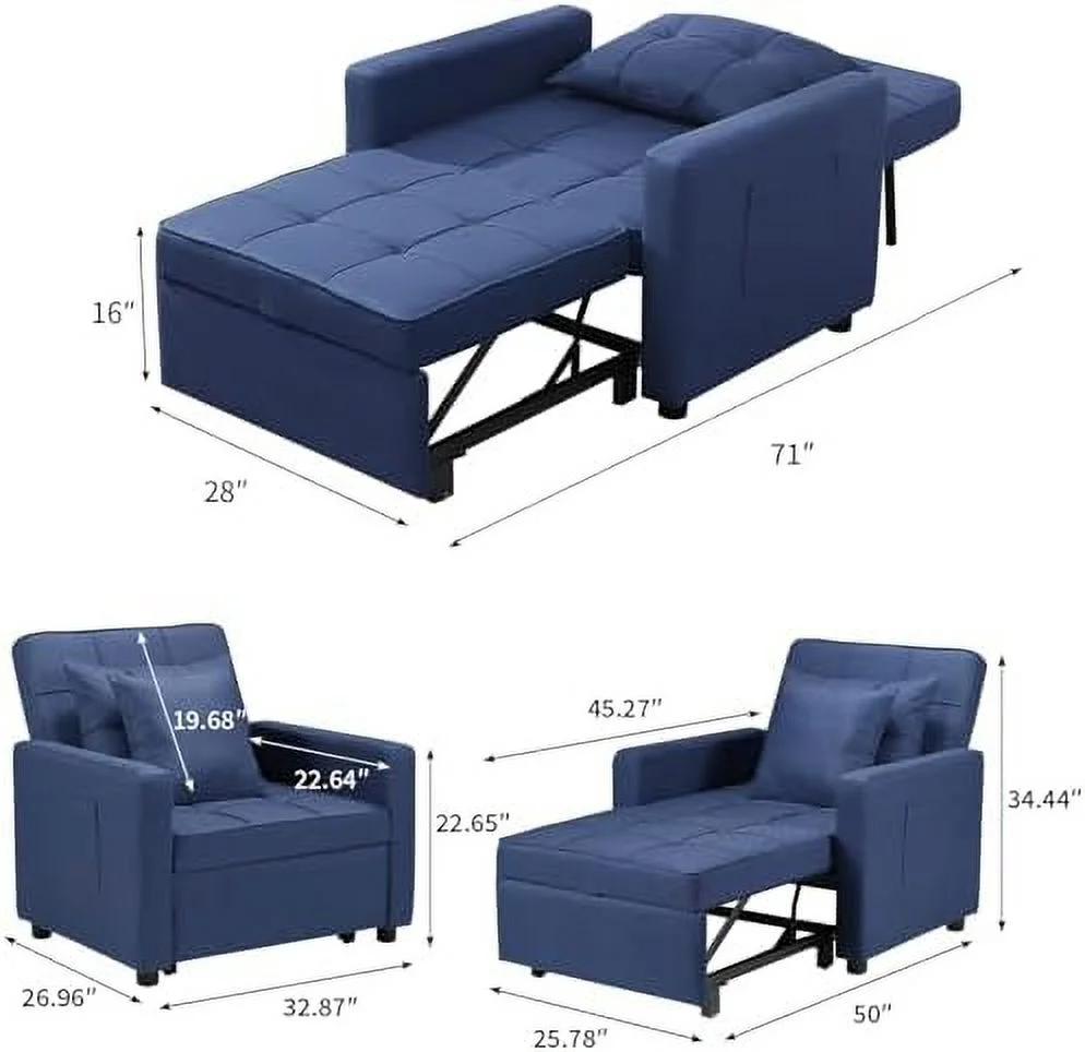 HBBOOMLIFE STRPRETTY  Convertible Chair Bed  3-in-1 Sleeper Chair Bed  Pull Out Folding Sofa Bed with Adjustable Backrest  Multi-Functional Single Sleeper Chair for Apartment (Blue)