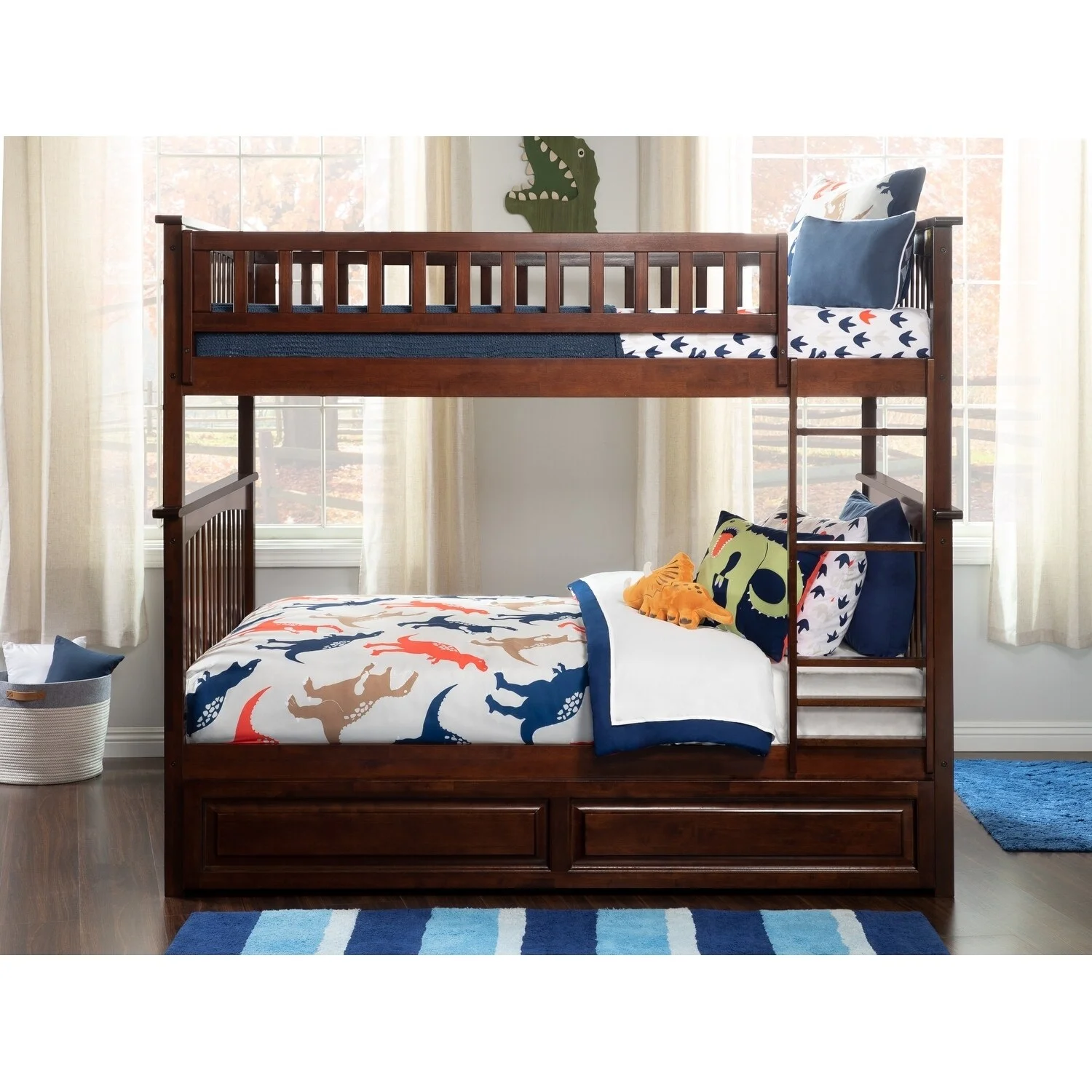 AFI Columbia Bunk Bed Full over Full with Twin Trundle Bed in Walnut