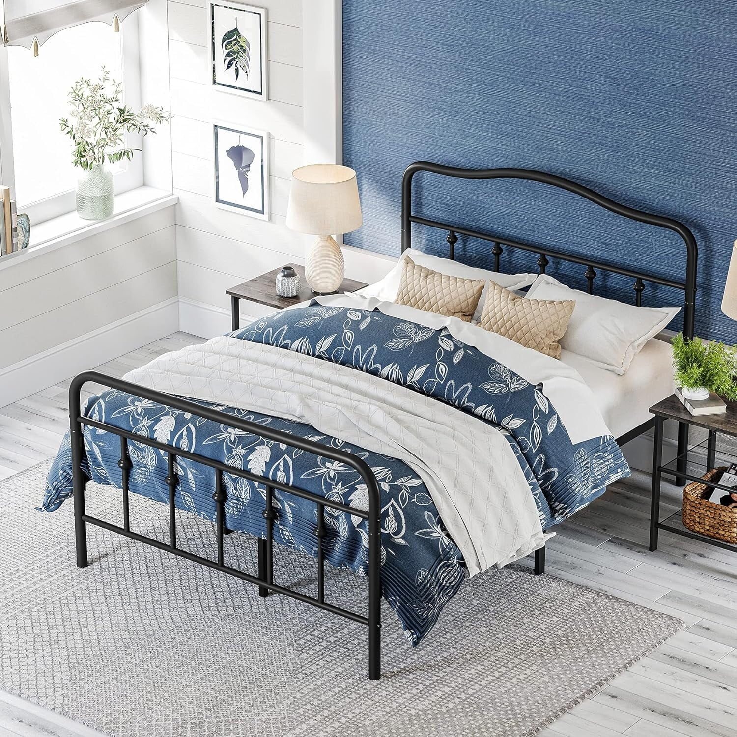 Full Size Metal Bed Frame with Headboard, Footboard, No Box Spring Needed Platform Bed, Under-Bed Storage Black Metal Finish