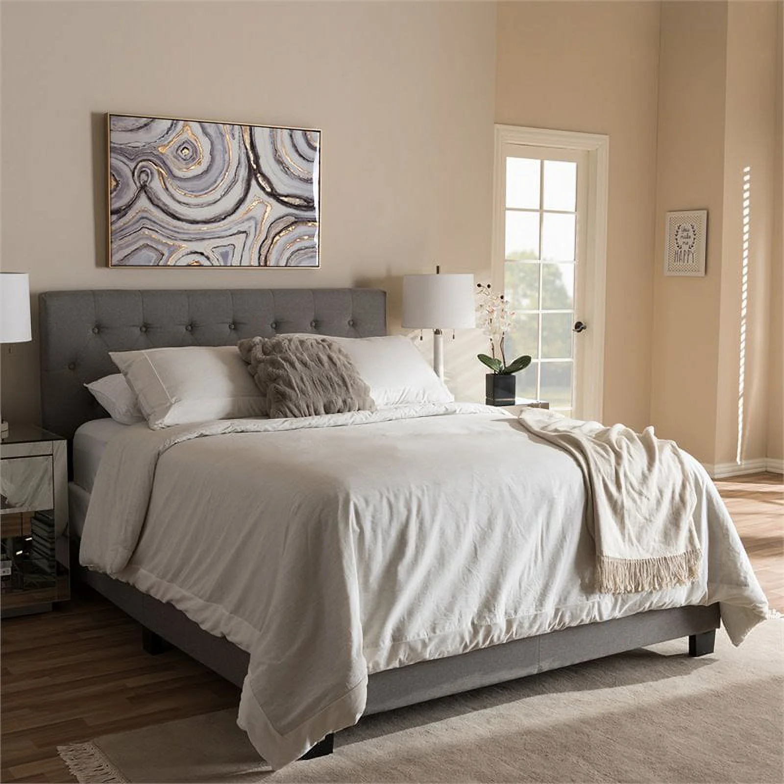 Bowery Hill Modern Fabric Tufted King Low Profile Bed in Light Gray