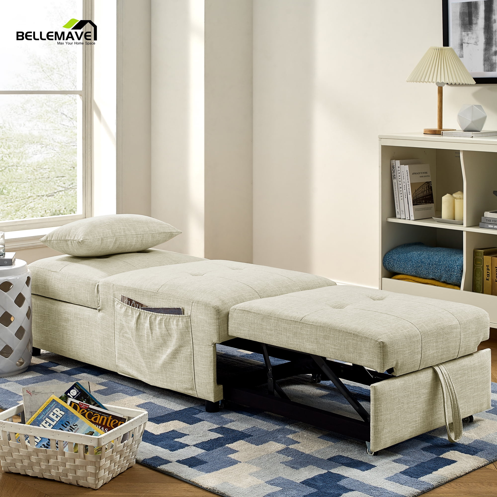 Bellemave 4 in 1 Folding Sofa Bed, Chaise Lounge Indoor with 1 Pillow and Side Pocket, Convertible Ottoman for Small Space Living , 3 Positions, (Beige)