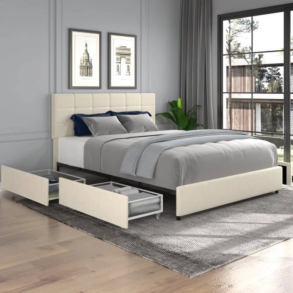 Vera Queen Size Ivory Velvet Upholstered Platform Bed with Patented 4 Drawers Storage, Square Stitched Button Tufted Headboard, Wooden Slat Mattress Support No Box Spring Required