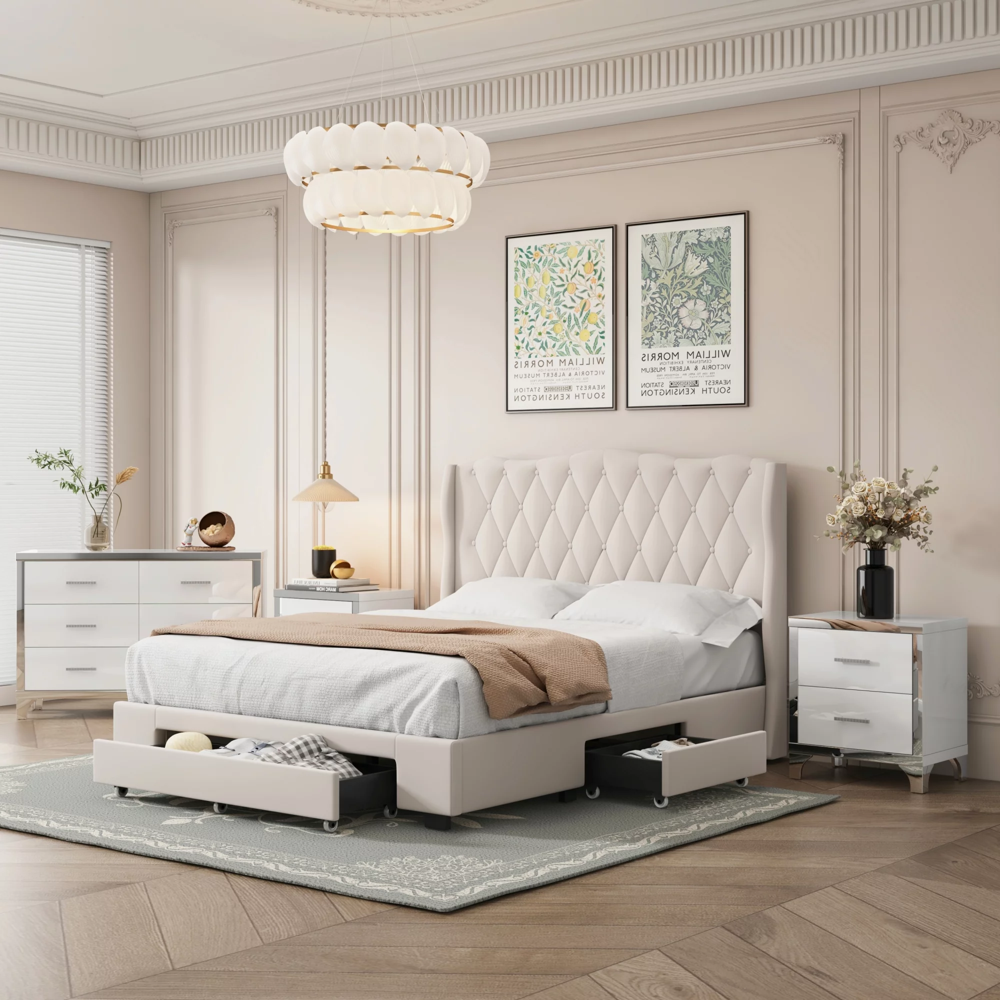 CoSoTower 4-Pieces Bedroom Sets Queen Size Upholstered Bed with Three Drawers, High Gloss Mirrored Nightstands and Dresser with Metal Handles and Legs