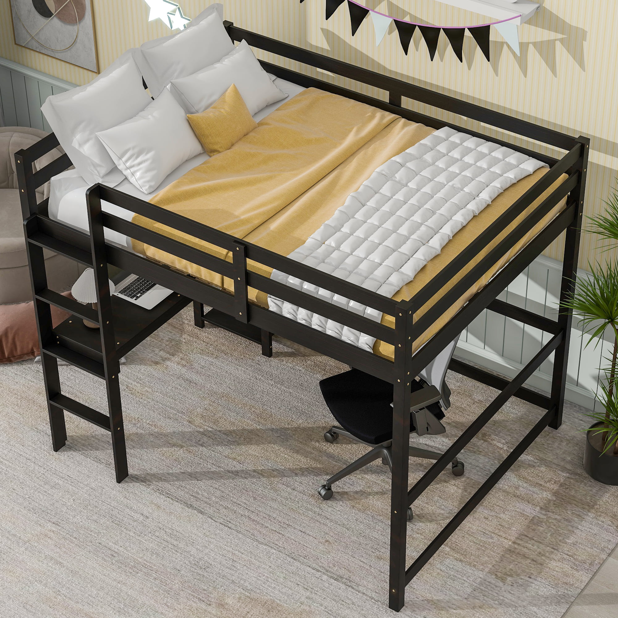 paproos Full Loft Bed with Desk and Shelves, Full Size Loft Bed with Ladder and Safety Guardrail, Strong Wooden Slats Support, Wood Loft Bed Frame for Kids Teens Adults, 200lbs Capacity, Espresso