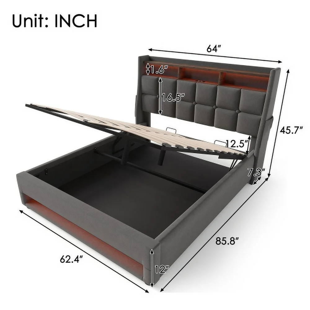 Queen Size Upholstered Platform Bed With A Hydraulic Storage System, Led And Usb Charging, Grey (Without Mattress)