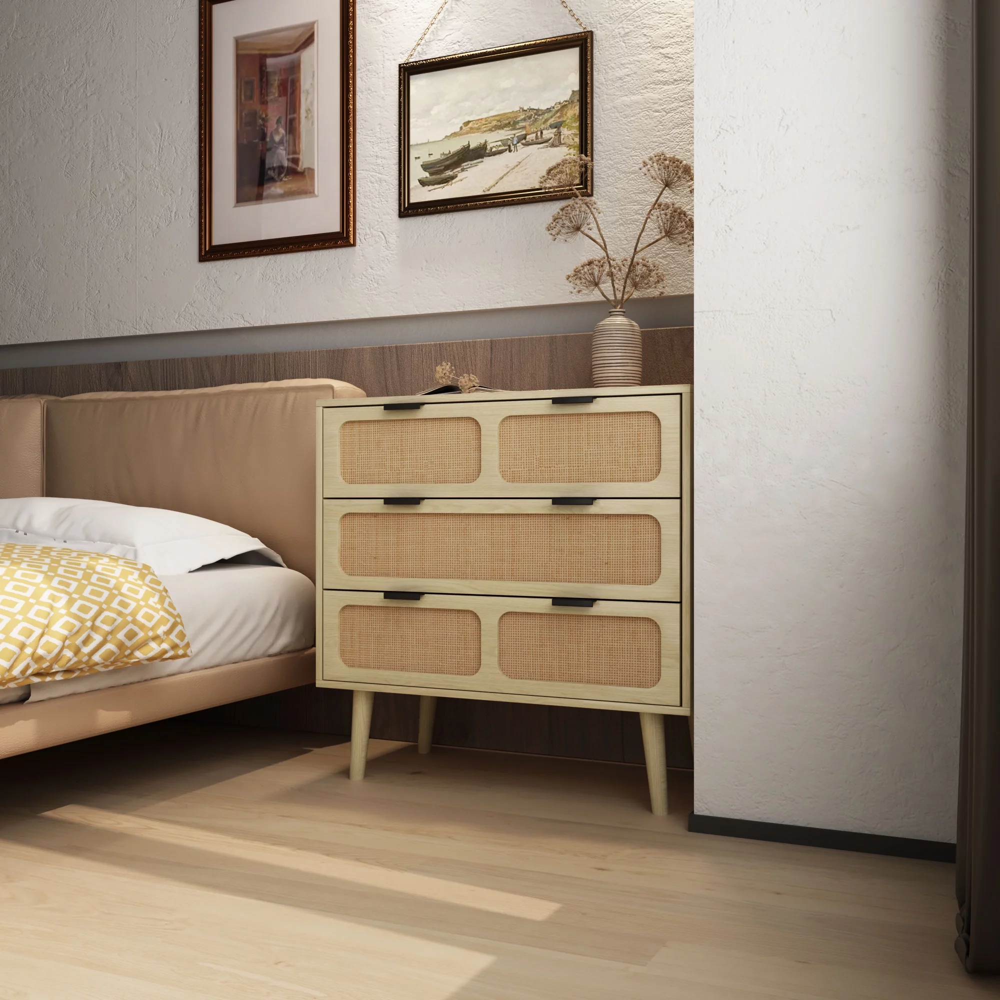 Yocwo 3 Drawer Dresser, Modern Rattan Dresser Chest with Wide Drawers and Metal Handles, Farmhouse Wood Storage Chest of Drawers for Bedroom, Living Room, Hallway, Entryway (Nature)