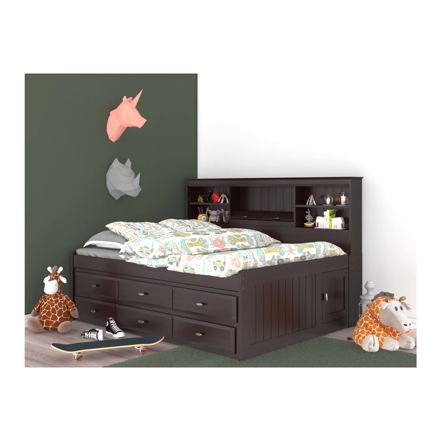 OS Home and Office Furniture Model 2923-K6-KD, Solid Pine Full Daybed with Six Drawer Storage Unit in Dark Espresso