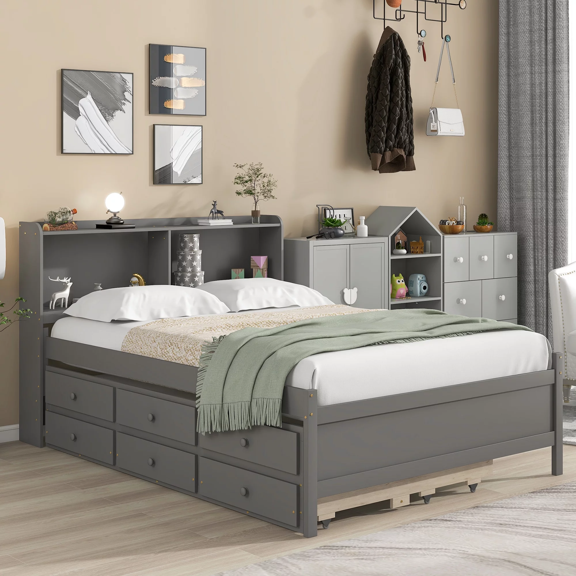 Solid Wood Platform Bed with Wooden Slats, Bookcase, Drawers and Trundle, Platform Bed with Headboard, No Box Spring Needed, Easy Assembly(Gray)