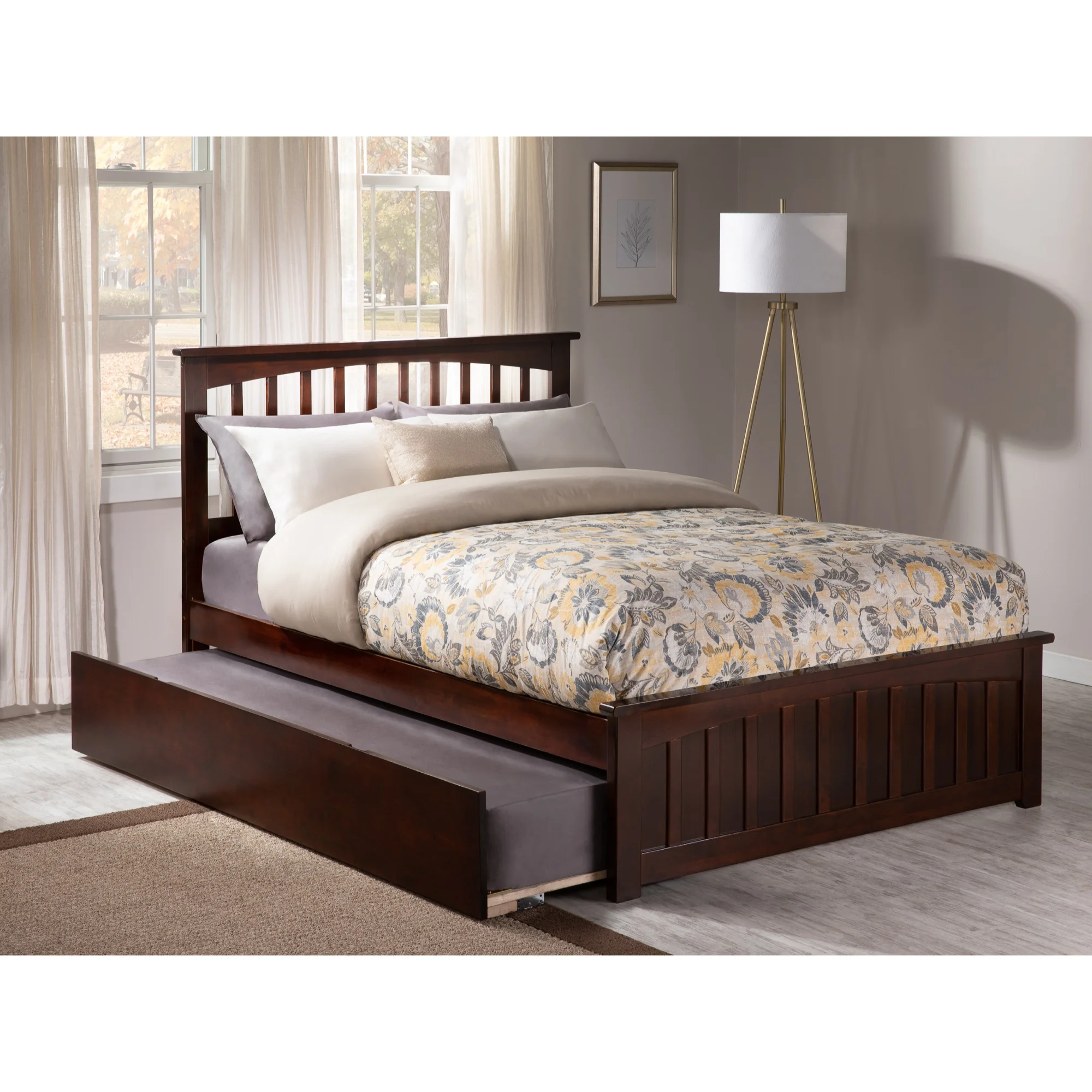 AFI Mission Solid Wood Queen Bed and Footboard with Twin XL Trundle in Walnut