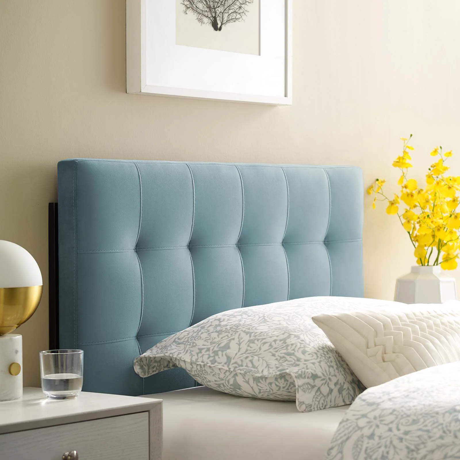 Contemporary Modern Urban Designer Bedroom Twin Size Tufted Headboard, Velvet Fabric, Light Blue
