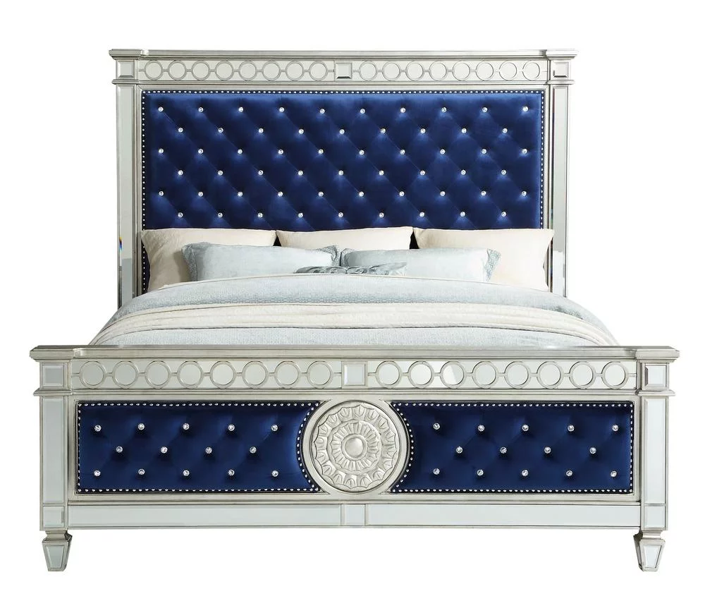 Contemporary Blue Velvet & Mirrored Eastern King Bed by Acme Varian 26147EK