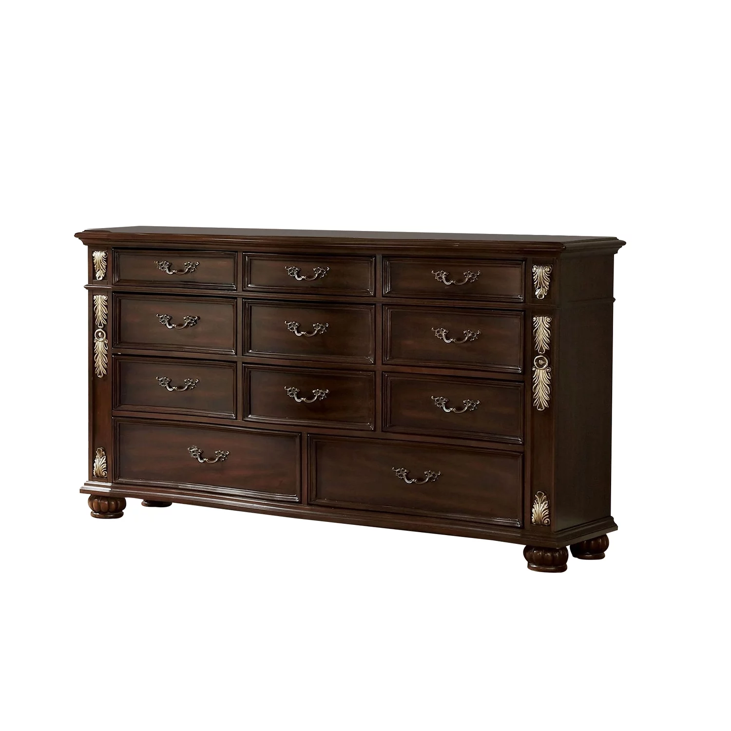Benjara 66.75 Inches 11 Drawer Dresser with Carved Details, Brown