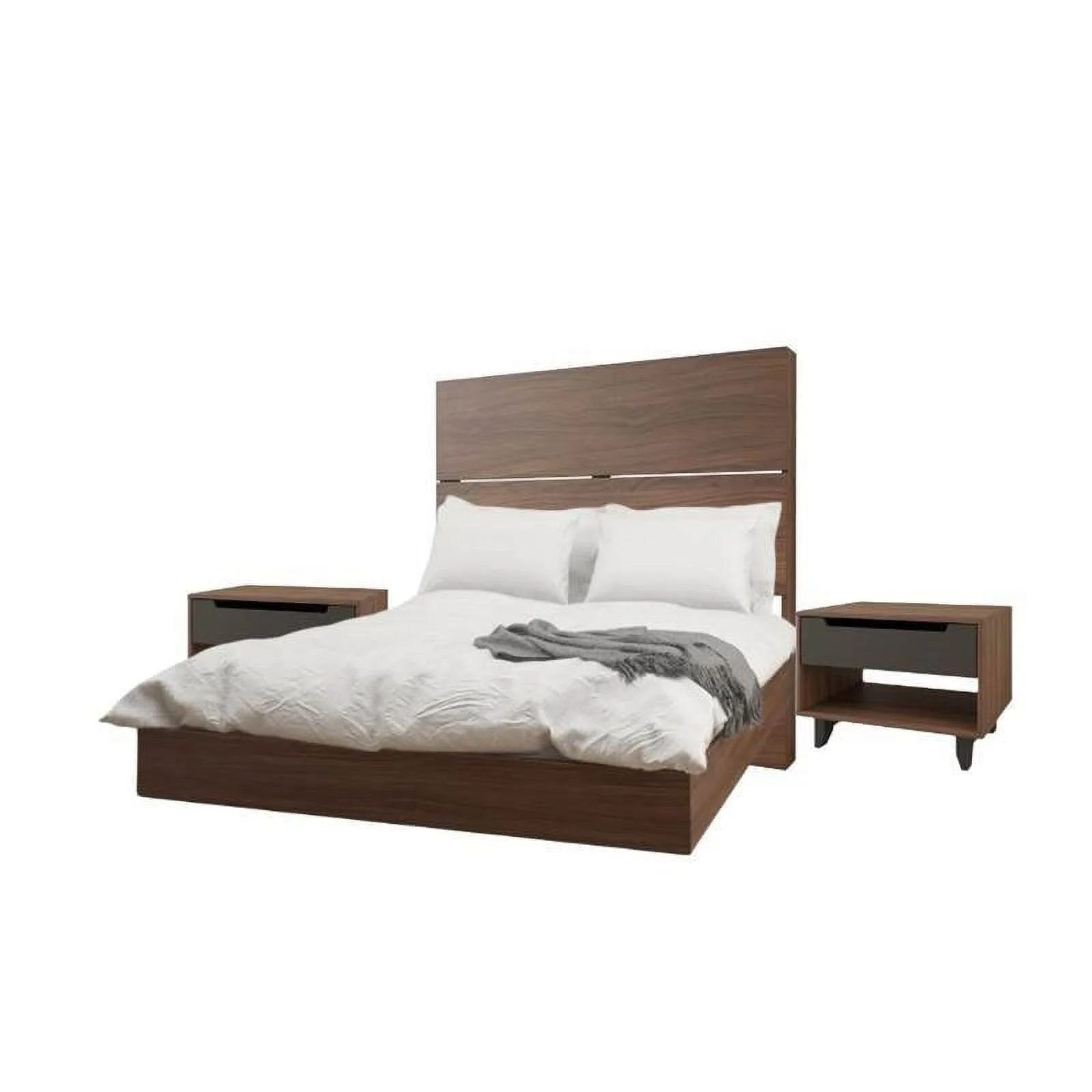 4 Piece Modern Bedroom Set with Queen Size Bed, Headboard, and (Set of 2) Night Stands in Walnut