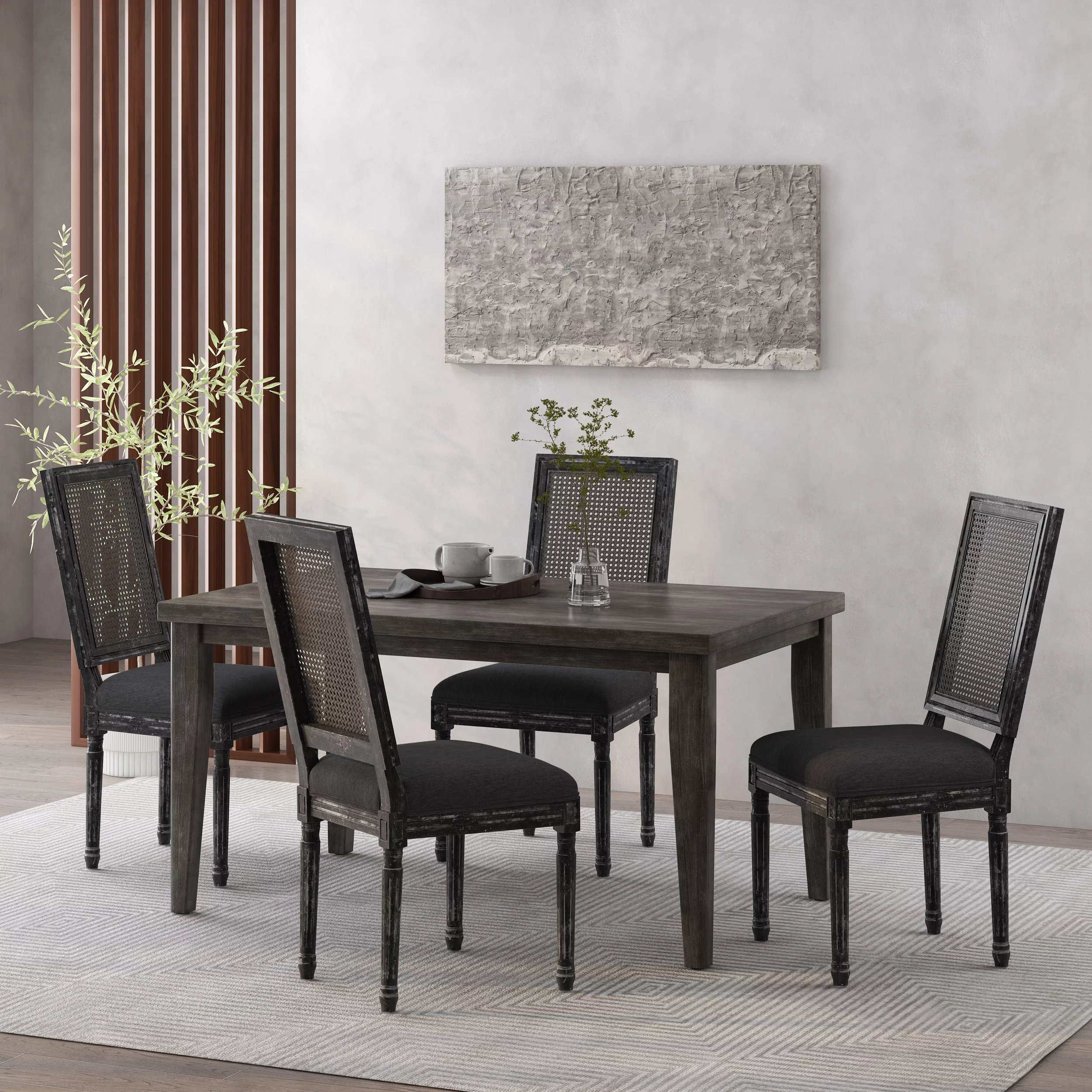 GDF Studio Brownell French Country Wood and Cane Upholstered Dining Chairs, Set of 4, Black and Gray
