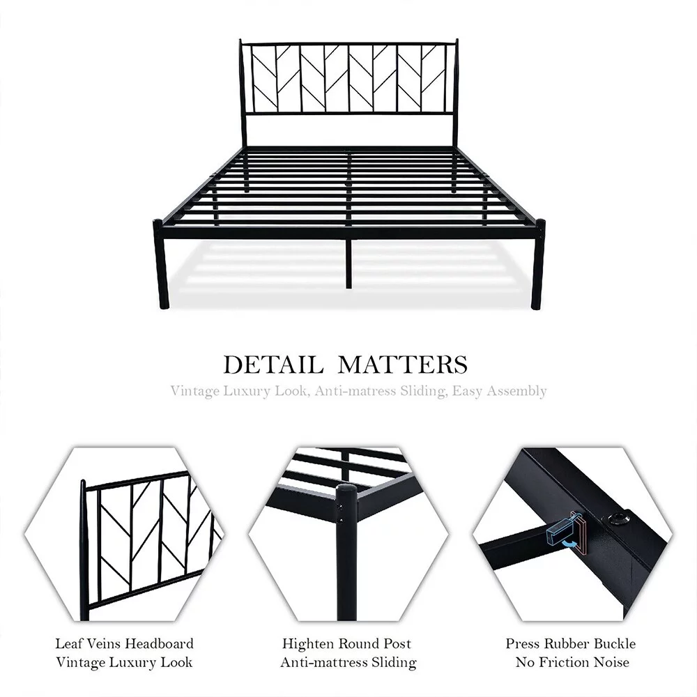 Queen Size Modern Platform Bed Frame with Vintage Headboard, Black