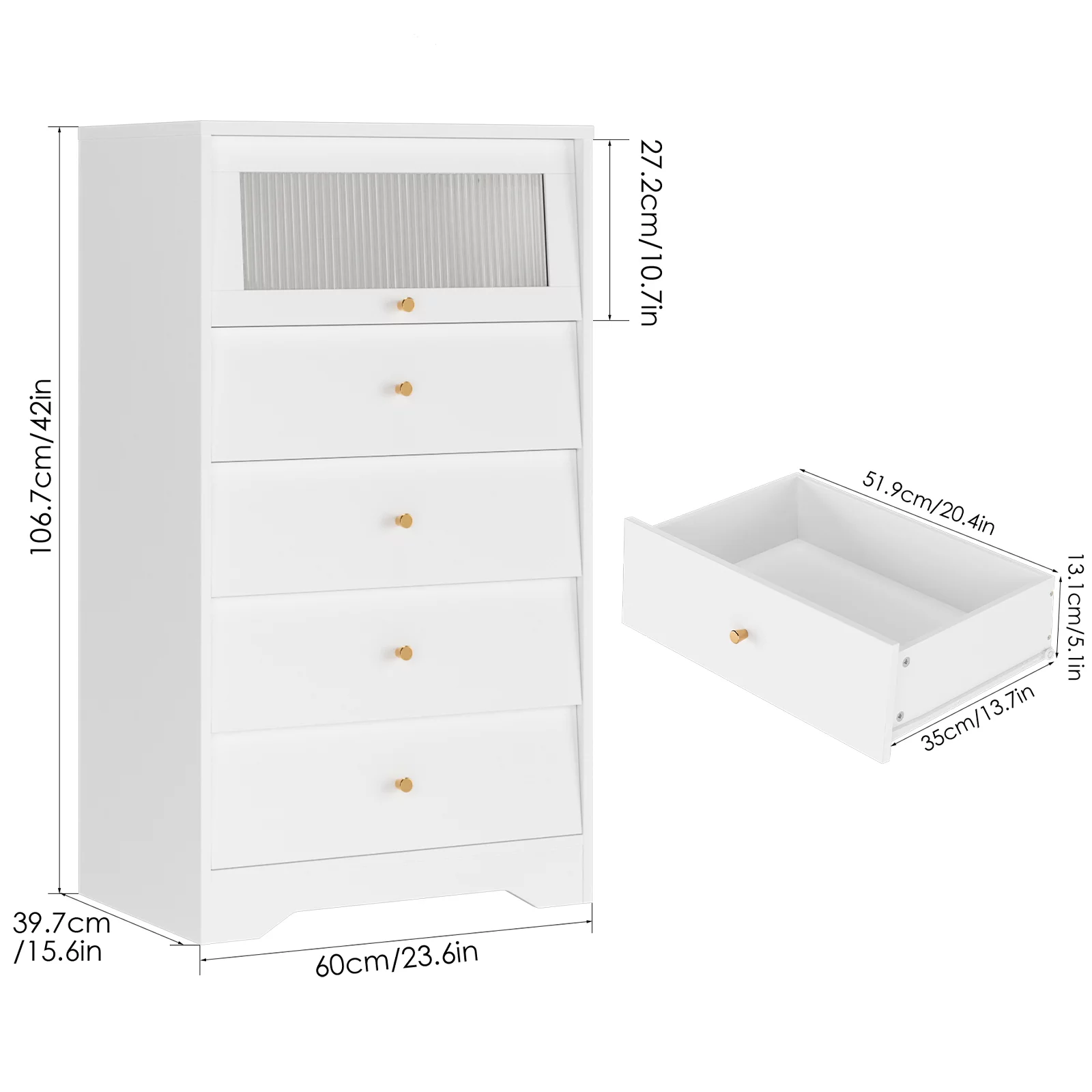 Homfa 4 Drawer Tall White Bedroom Dresser Night Stand with 1 Flip Up Glass Door, Modern Wood Storage Cabinet for Living Room Hallway