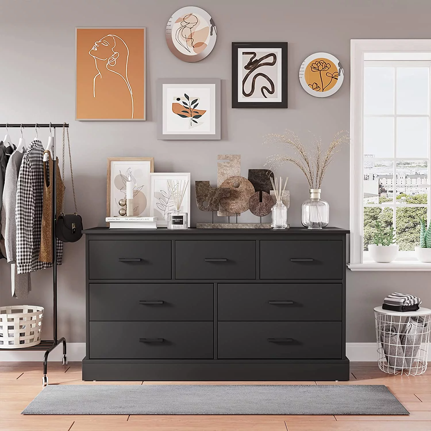 7 Drawer Dresser for Bedroom,Wood Storage Tower Clothes Organizer with Metal Handle,Large Storage Cabinet,Black