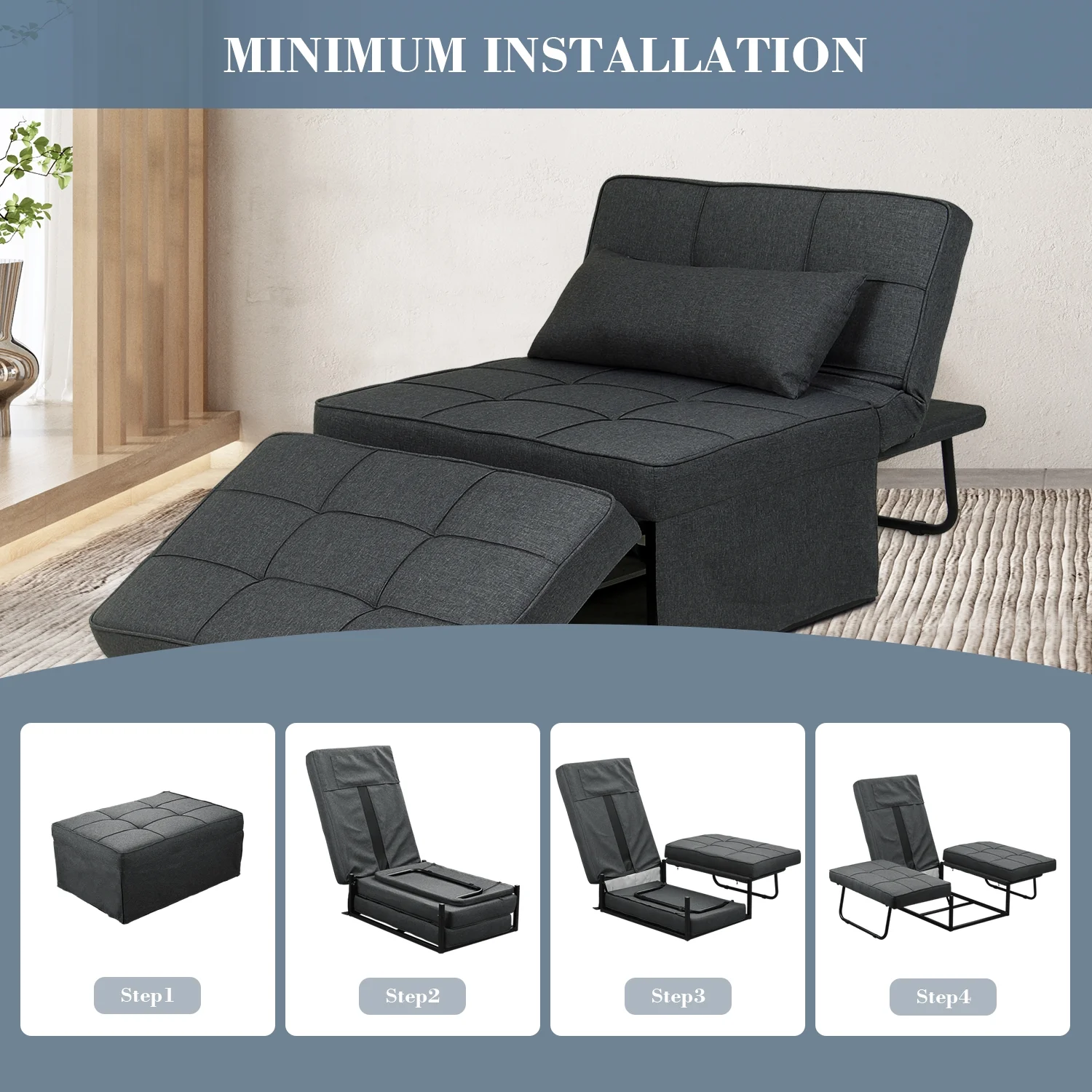 Ainfox Folding Sofa Bed, 4 in 1 Daybeds Sturdy Ottoman Chair Lounge Couch for Guest Sleeper, Suitable for Modern Living Room, Bedroom, Twin Size(Dark Grey)