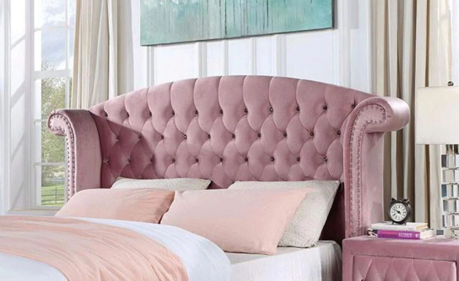 Youth Bedroom Furniture 1pc Twin Size Bed Pink Velvet Like Fabric Button Tufted Bedframe Wingback Design Solid wood