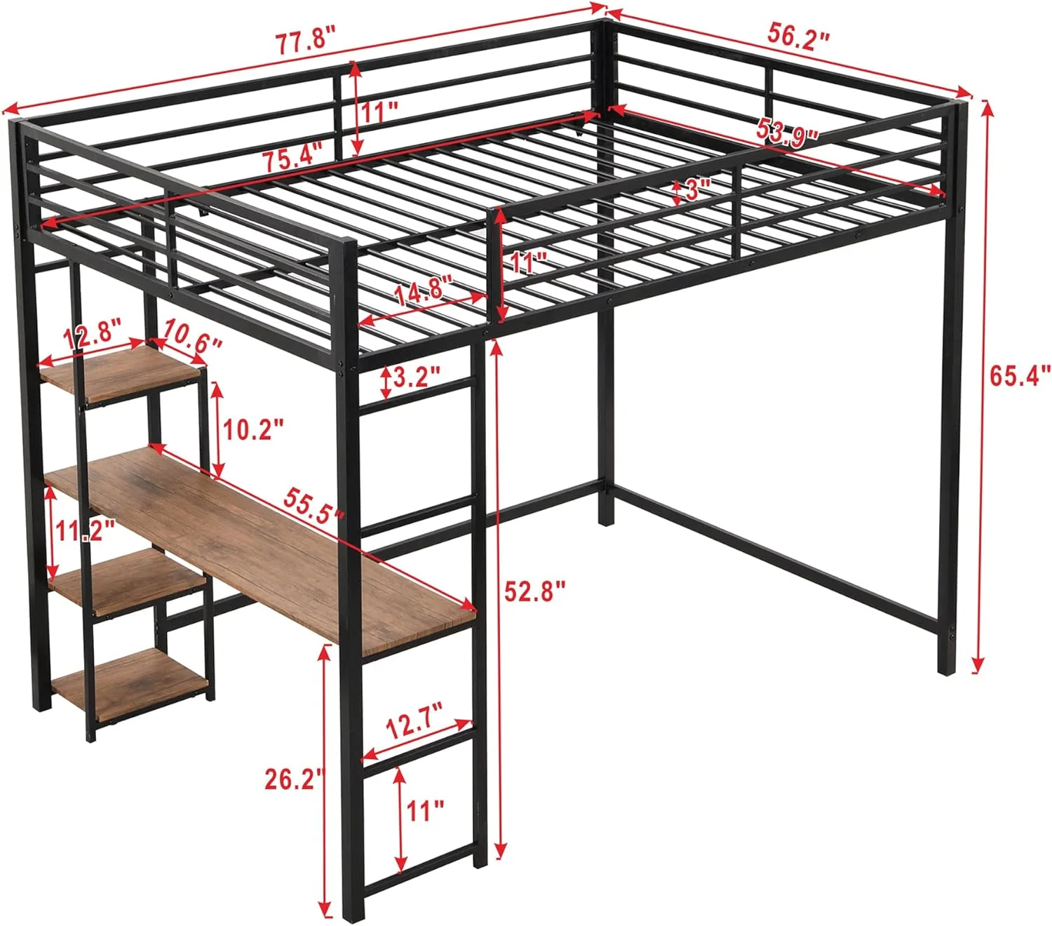 Full Size Loft Bed, Metal Full Loft Bed Frame With Built-In Desk And Storage Shelves, No Box Spring Needed, Black