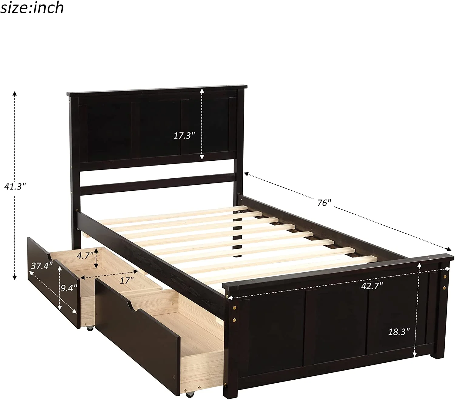 Twin Size Platform with Storage, Solid Pinewood Bedframe with and Headboard for Boys/Girls/Adult, No Box Spring Needed, Espresso