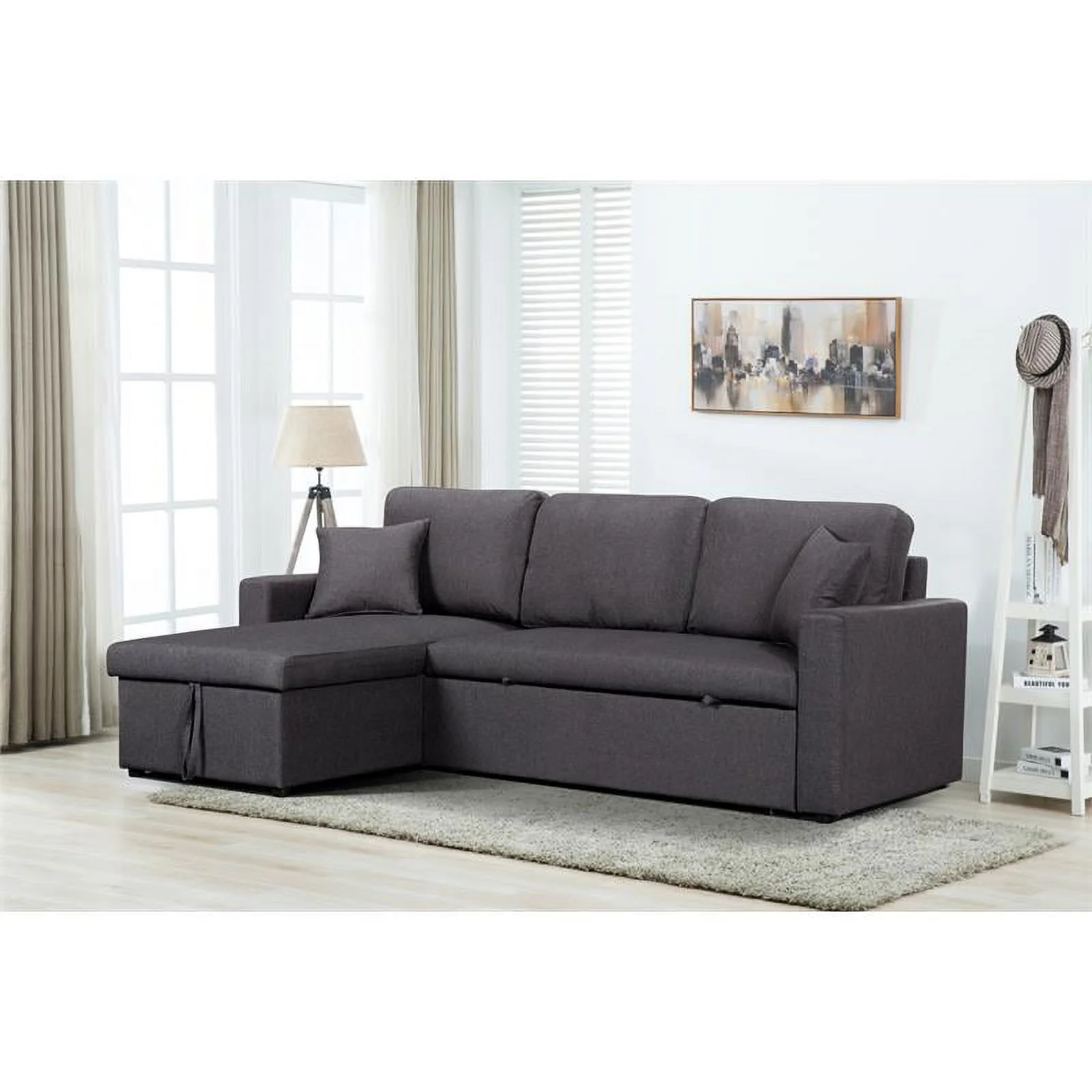 Bowery Hill Dark Gray Linen Fabric Reversible Sleeper Sectional with Storage
