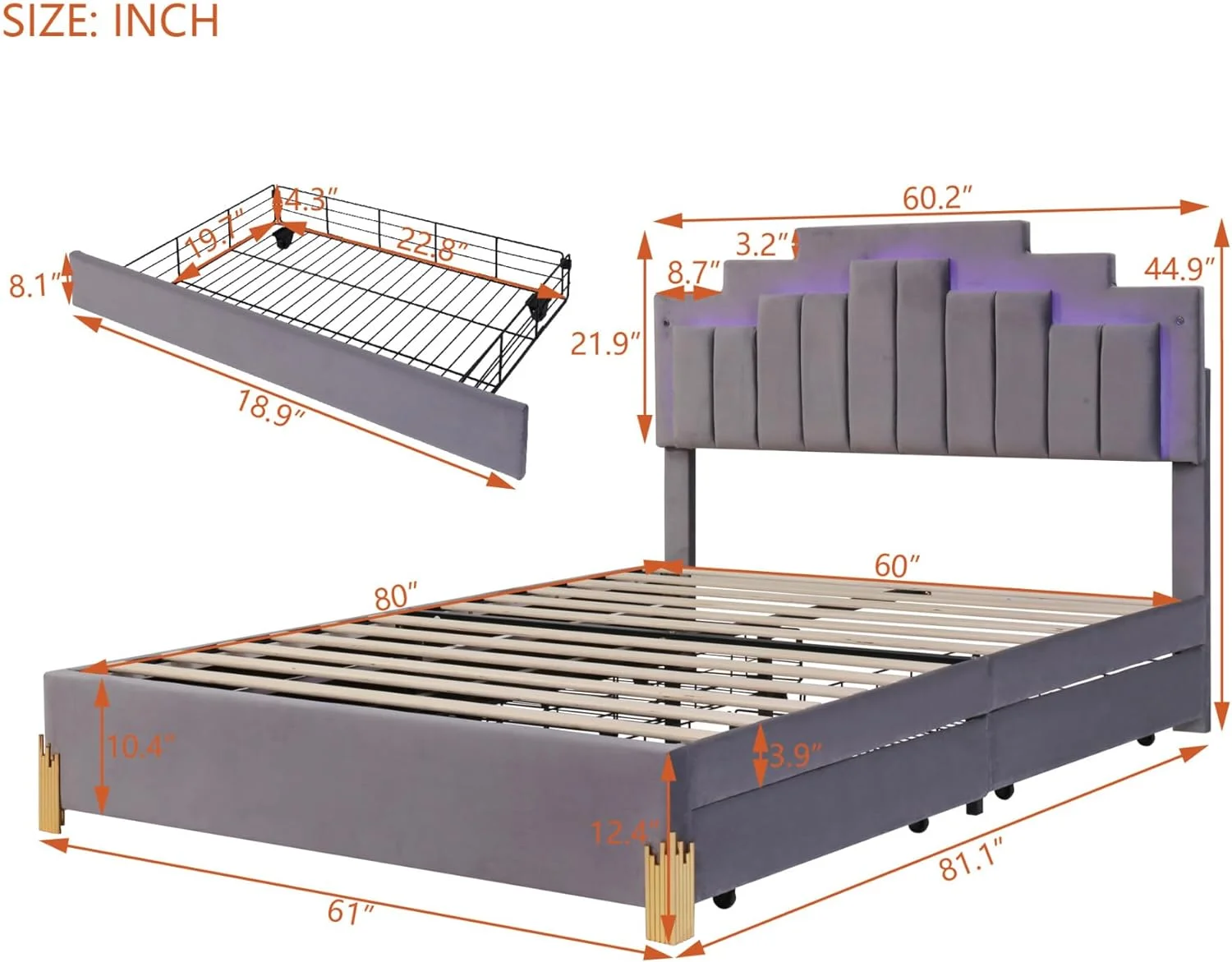 Queen Size Platform Bed with LED Lights,Velvet Upholstered Platform Bed Frame with 4 Drawers and Stylish Irregular Metal Bed Legs Design