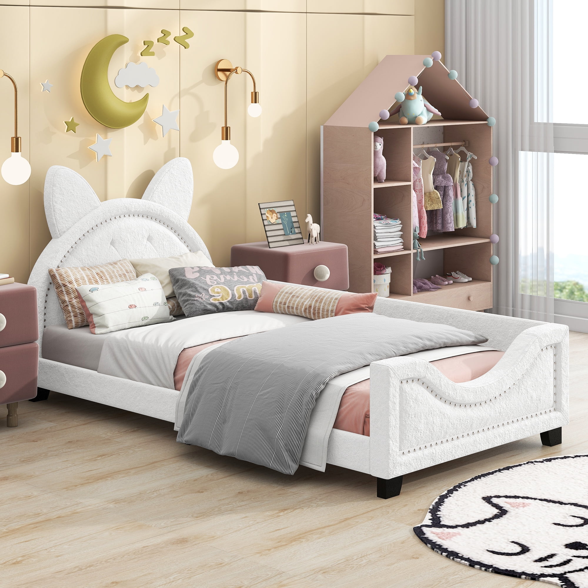 Teddy Fleece Twin Size Upholstered Platform Bed with Carton Ears Shaped Headboard, Upholstered Platform Bed Frame with Headboard(White, Twin)