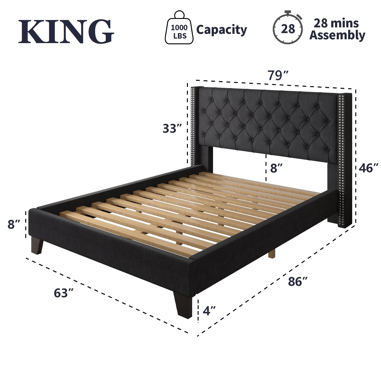 Nathaniel Home, King Bed Frames Upgrade, Linen Upholstered Platform Bed, Diamond Beds Frame for Bedroom, with Fabric Button Tufted Headboard, Black