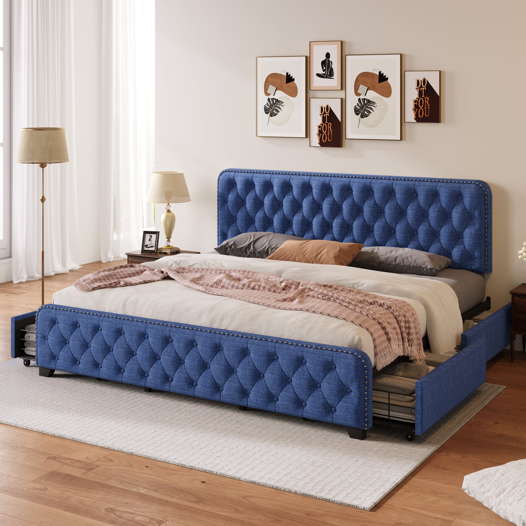 uhomepro Storage Upholstered Platform Bed King Size with Nail Trim Headboard, 4 Storage Drawers, Wood Slats Support, Mattress Foundation No Box Spring Required, Blue
