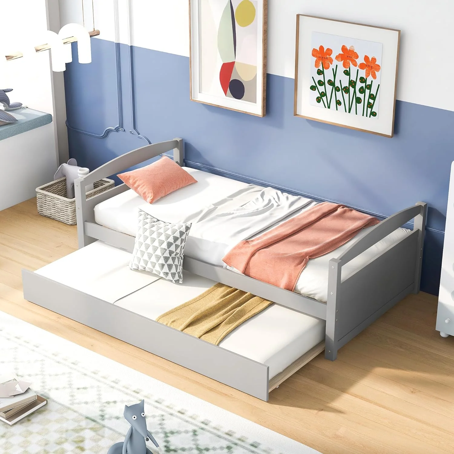 Size Daybed With Trudle,Wood Day Beds With Trudle Bed For Livig Room,Bedroom,Guest Room(Gray)