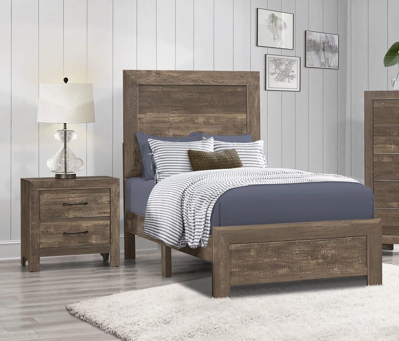Rustic Brown Finish 3pc Bedroom Set Twin Size Bed 2x Nightstands Simple Look Bedroom Furniture