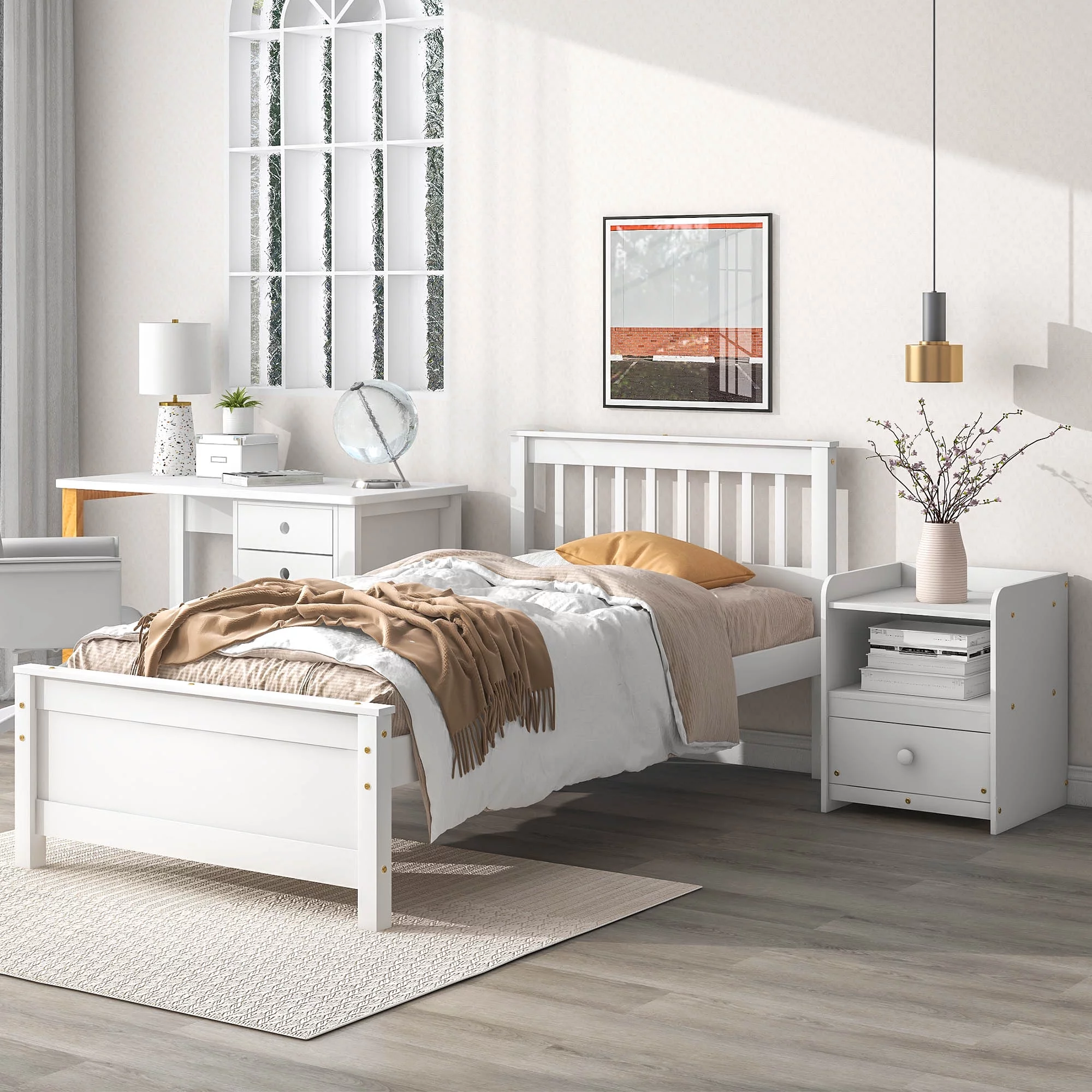 Royard Oaktree Twin Size Wood Bed Frame with Headboard and One Nightstand 2-Pieces Bedroom Set with Twin Bed and Nightstand, White