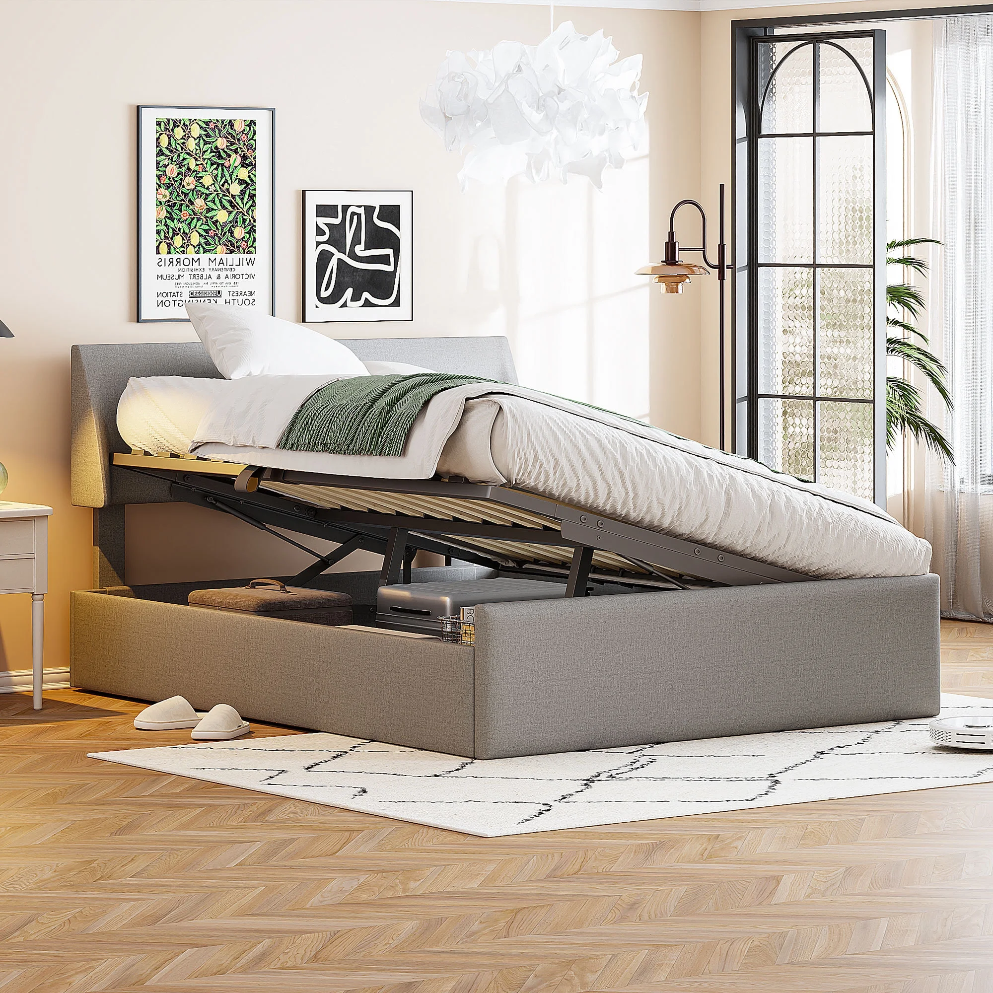 Full Size Sleigh Bed with Side-Tilt Hydraulic Storage and Linen Upholstery in Elegant Gray Finish